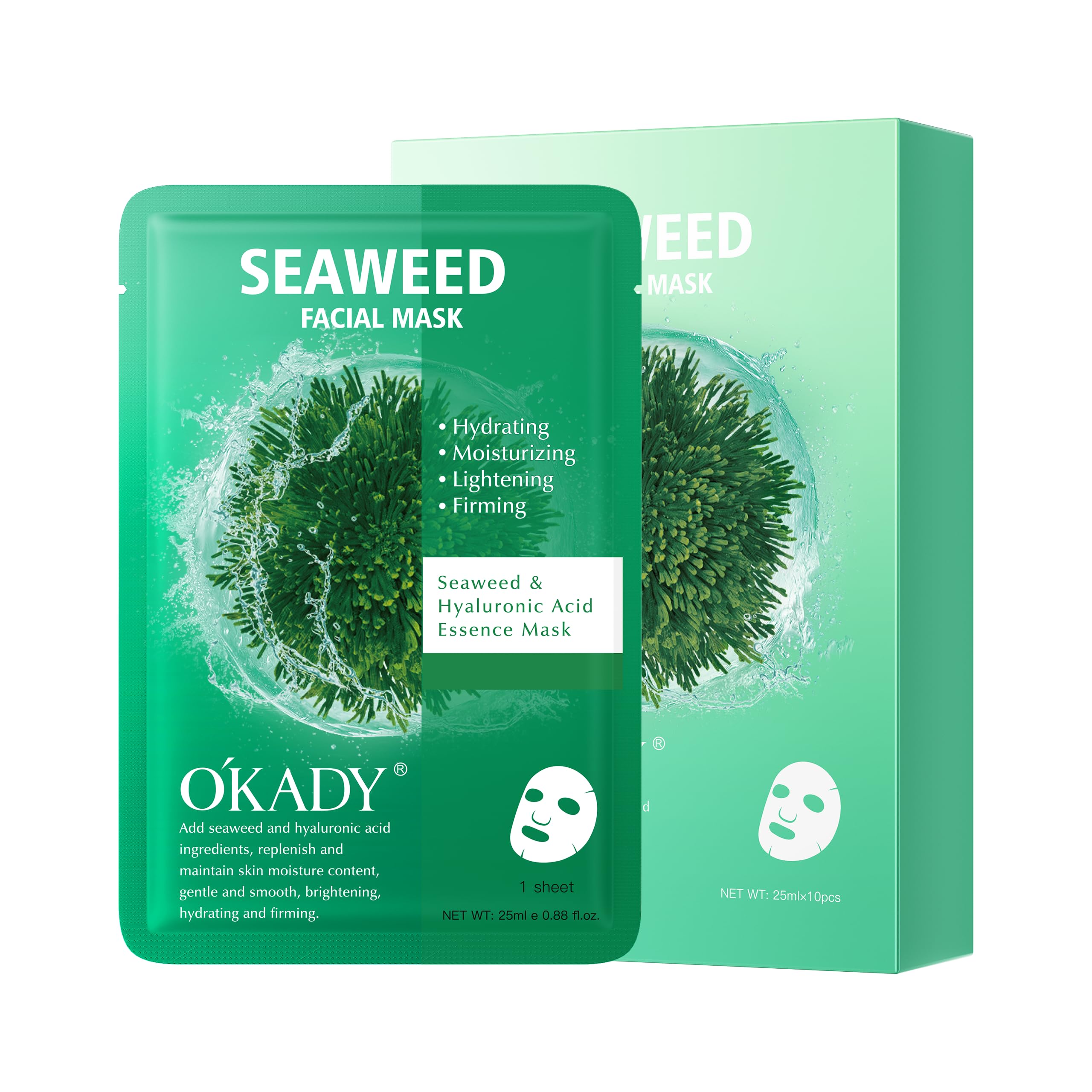 OKADY Face Facial Masks Sheet,Natural Aloe Vera Orange Seaweed Serum Sheet Mask Hyaluronic Acid Moisturizing Facial Mask (Natural Aloe, 25ml*10)