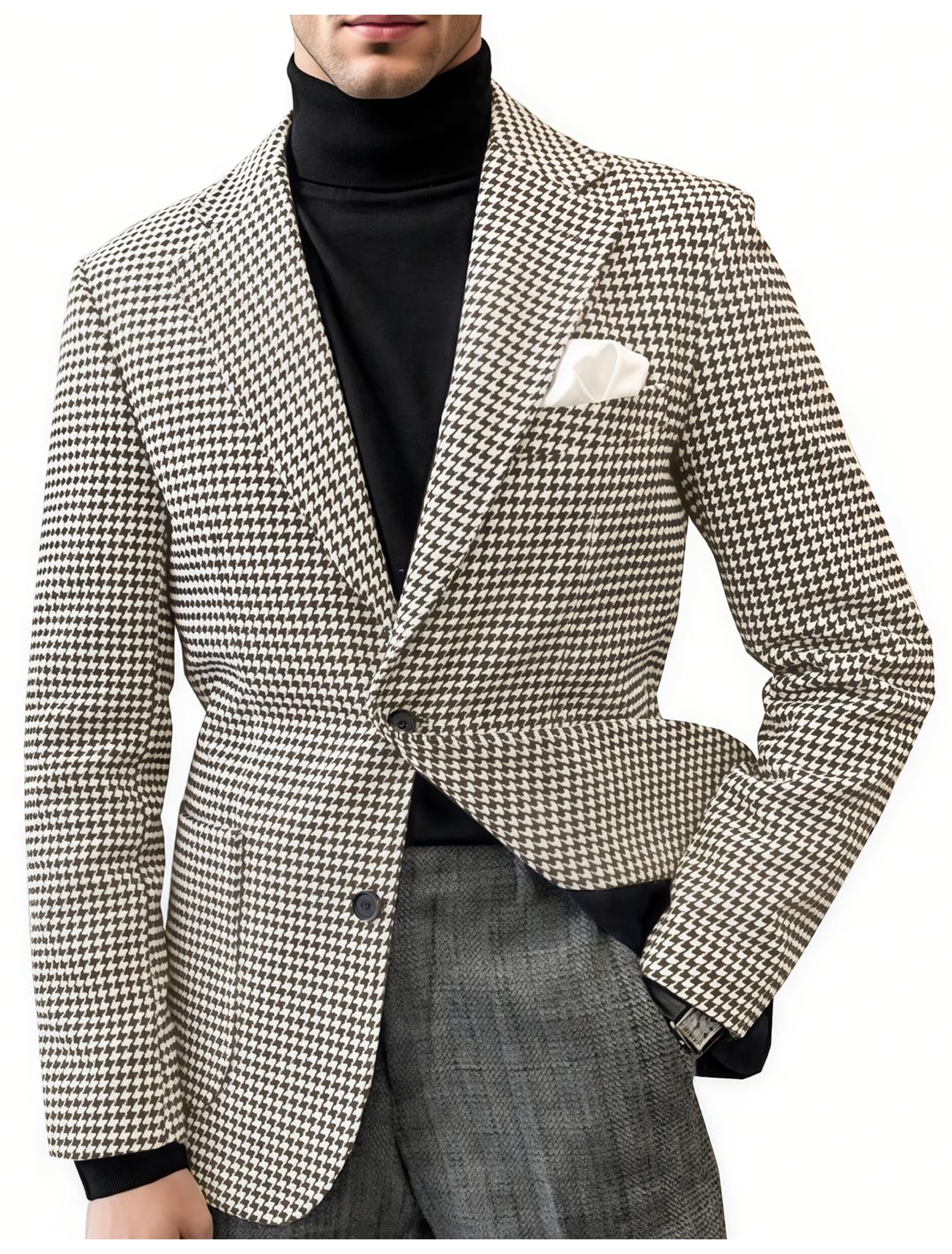 Men's Retro Tweed Houndstooth Suit Jacket British Gentleman Single Breasted Short Trench Sport Coat