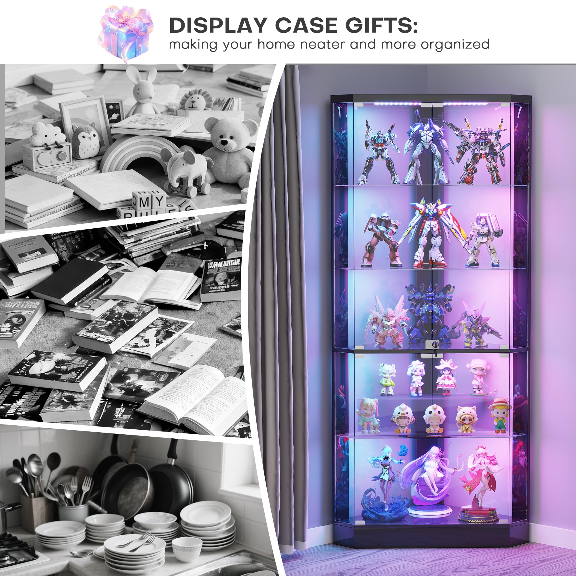 Eckvitrine – mit RGB Beleuchtung,5-Lagen Glasvitrine Vitrine mit Intelligente Sensorik,175 cm Höhe Vitrinenschrank Bücherregal Sammlervitrine Und Wohnzimmer Vitrine -Schlafzimmer Schwarz