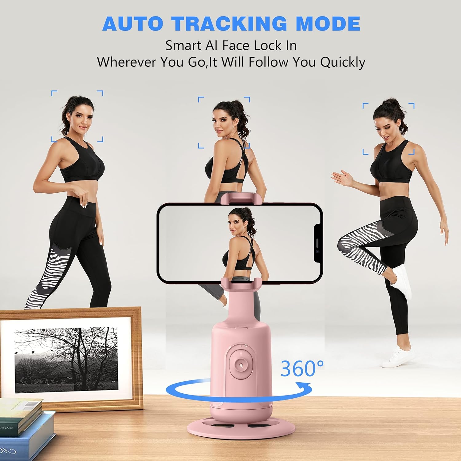 Auto Face Tracking Tripod, 360° Rotation Face Body Phone Camera Mount Smart Shooting Phone Tracking Holder with Remote,No App, Gesture Control,Smart Shooting Holder for Vlog, Streaming,Tiktok-Pink