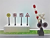 Vista 5 de Edificio Ladrillos Juguetes Tren Ferrocarril Cruzar Señal Cruzando Puerta 4 Señales Ciudad Ciudad Miniatura Ferrocarril Modelado Niños AFOL