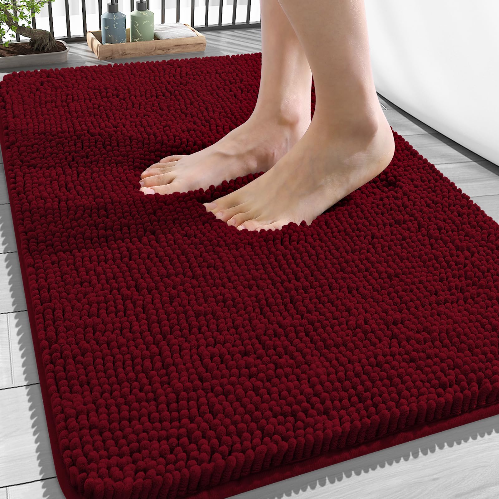 OLANLY Bathroom Rugs 34x21, Extra Soft Absorbent Chenille Bath Rugs | Burgundy, Quick-Drying Rubber Backing, Machine Washable Bath Mat for Bathroom Floor, Tub and Shower, Home Decor Accessories