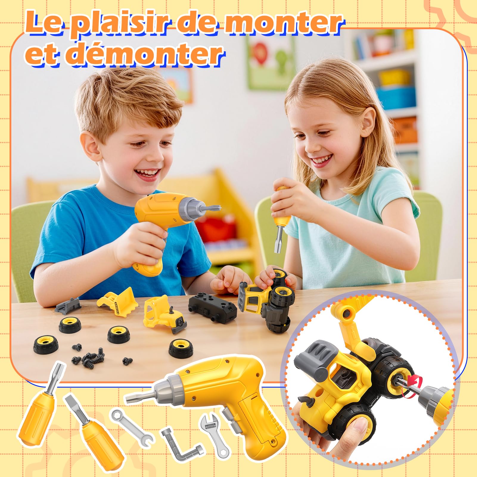 Jouet Garçon 3 4 5 Ans: Établi d'Outils Enfants avec Perceuse Électrique Réaliste, Véhicules de Construction à Démontrer & Costume, Jouets STEM 3-5 Ans, Cadeau d'anniversaire pour Filles et Garçons