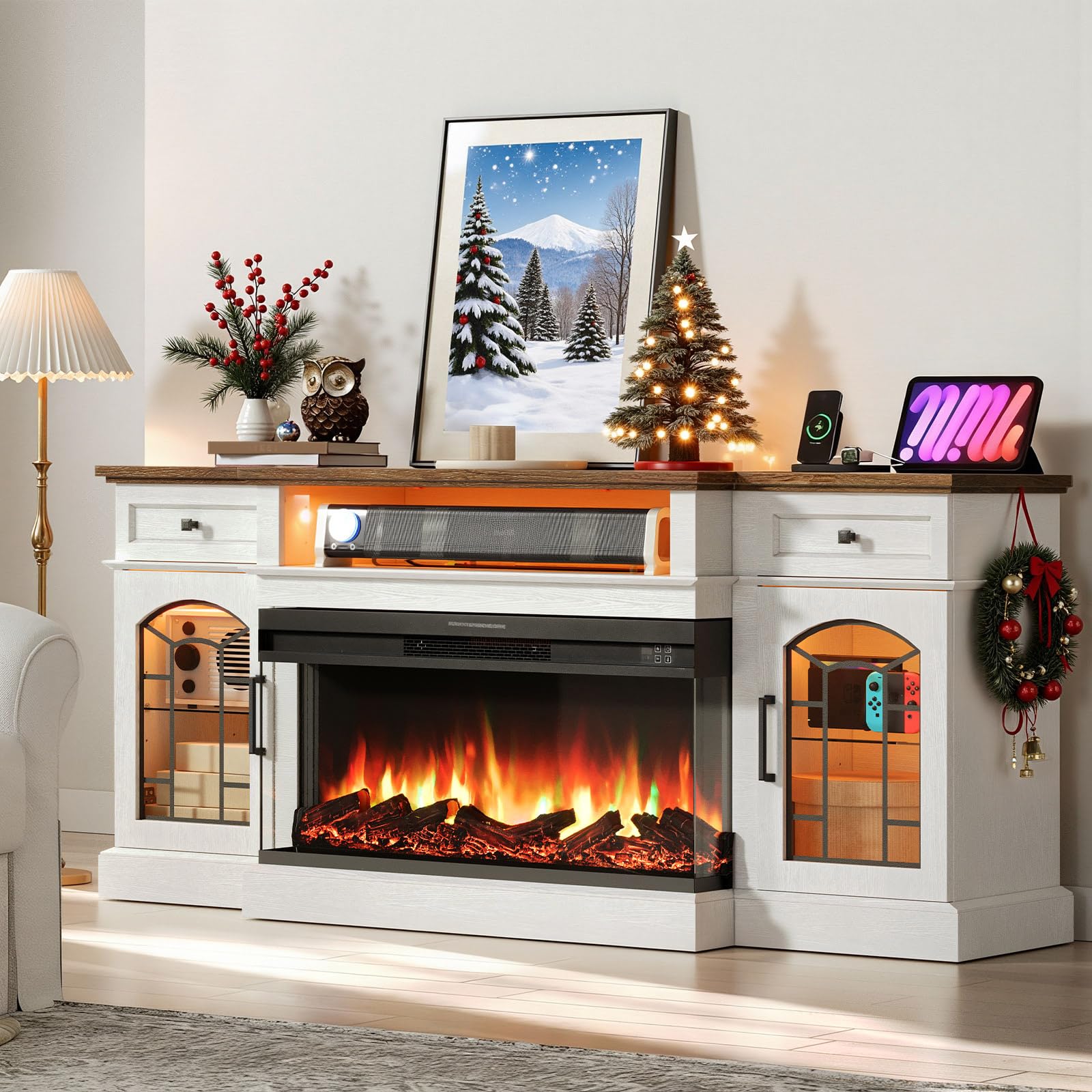 70'' Fireplace TV Stand with Charging Station for TVs Up to 80", 3-Sided Glass Farmhouse Entertainment Center with 36" Electric Fireplace & LED Lights