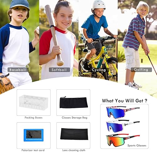 Vista 36 de MVPTGRS Gafas de sol de béisbol juveniles para niños y niñas de 8 a 14 años TR90 con marco para niños, gafas de sol deportivas para sóftbol