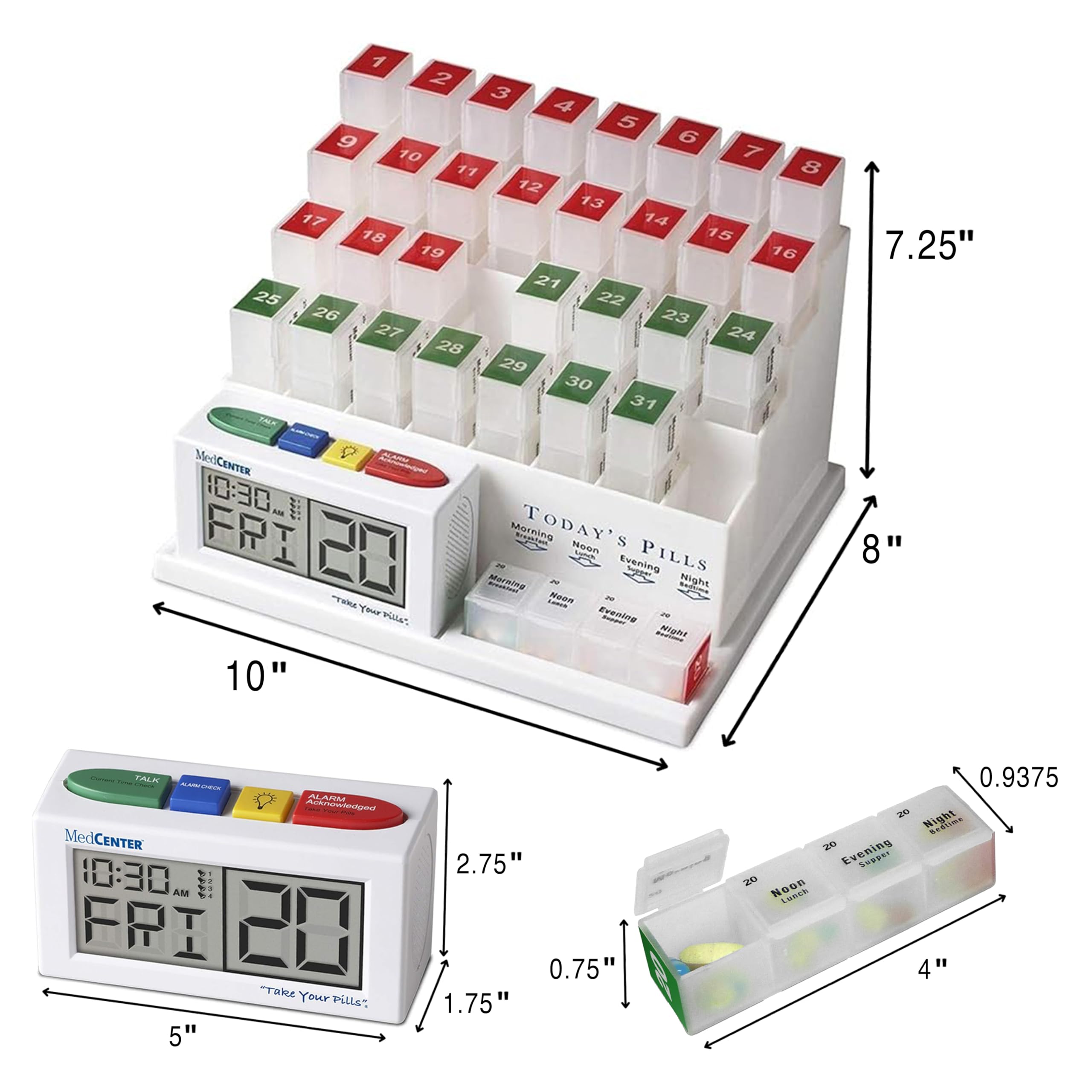 MedCenter Pilulier mensuel de 31 jours avec horloge de rappel parlant, pochette de voyage et pince à épiler – 4 compartiments de dose quotidienne – Organiseur de médicaments idéal pour les personnes