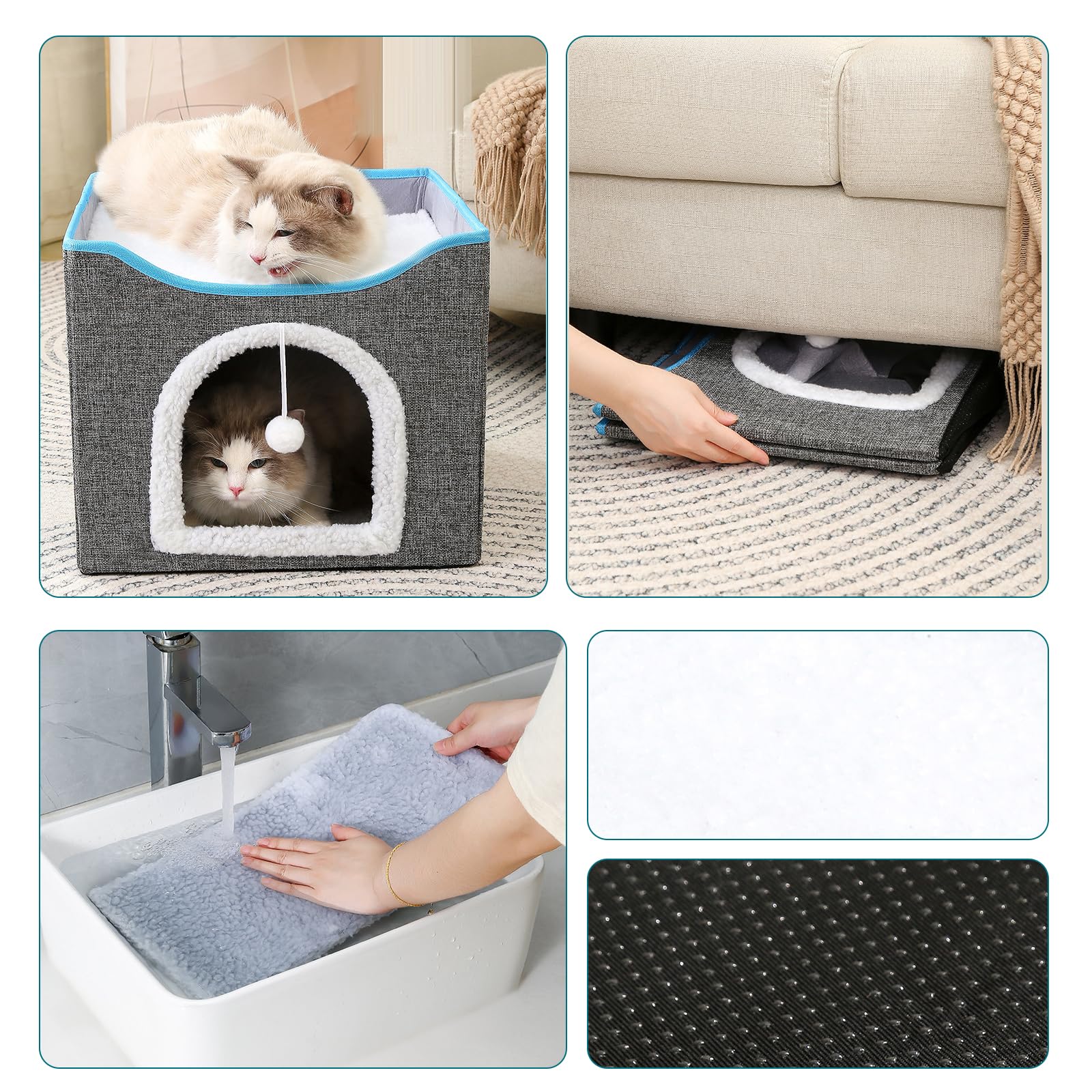 PETCUTE Cuccia Pieghevole per Gatti,Cuccia Gatto Chiusa Interno con Pannello Tiragraffi e Pallina,Casetta per Gatti con Cuscino Rimovibile e Lavabile,Cuccia per Gatti e Cani di Piccola Taglia