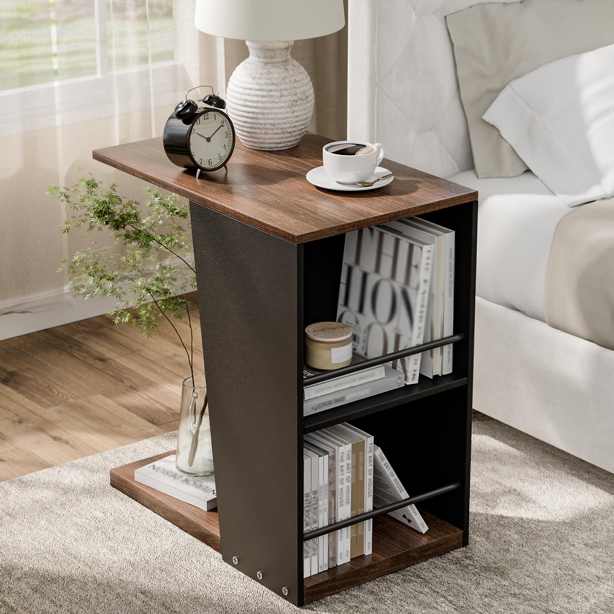 Gyfimoie C Shaped Side Table, Wooden Sofa Side Table, Rustic Brown