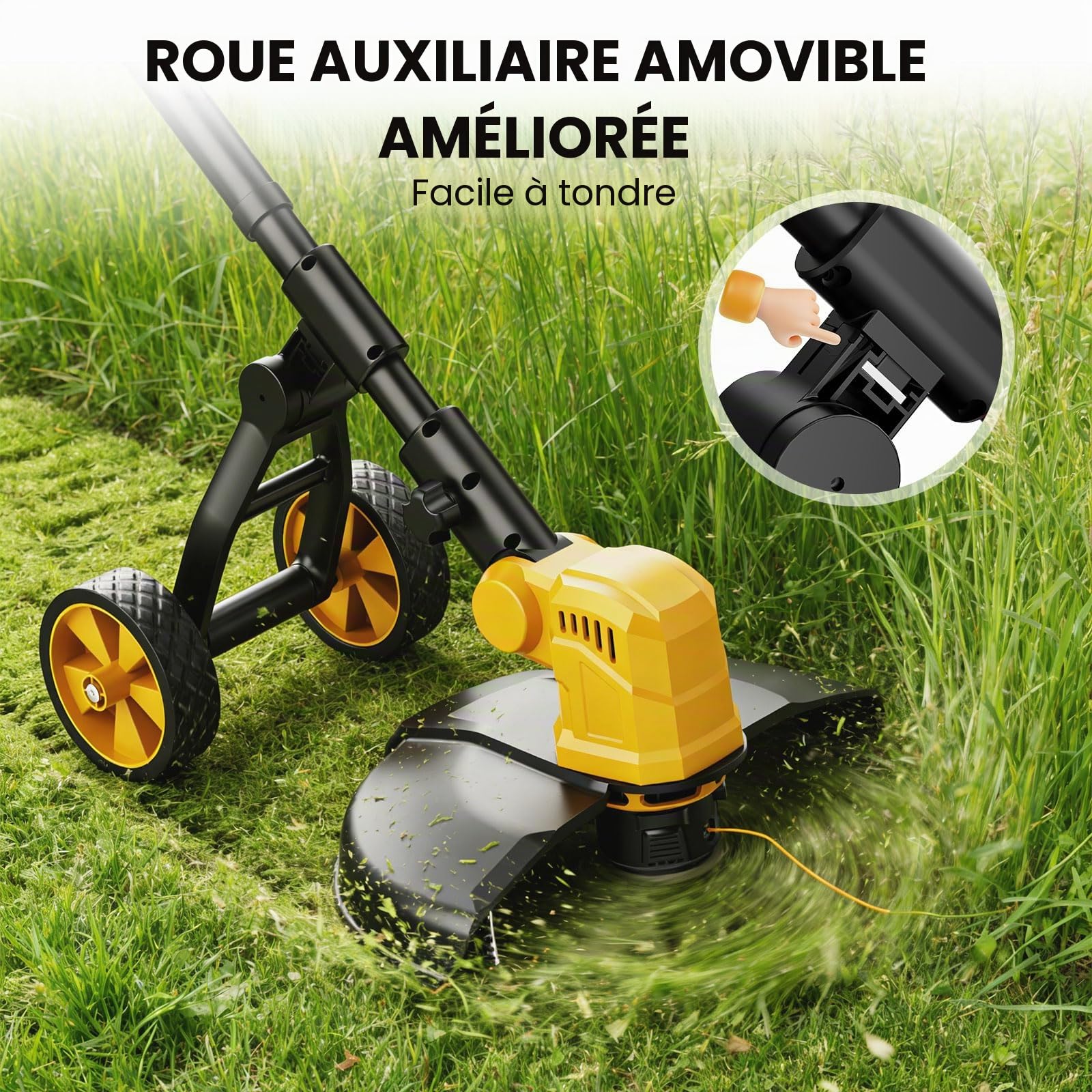 Debrouissalleuses Electrique sans Fil avec Roue, 36CM Coupe Bordures à 2×3,0 Ah Batterie et Chargeur, 800W Moteur sans Brosse,Débroussailleuse à Batterie avec 8 bobines pour Jardin et Pelouses