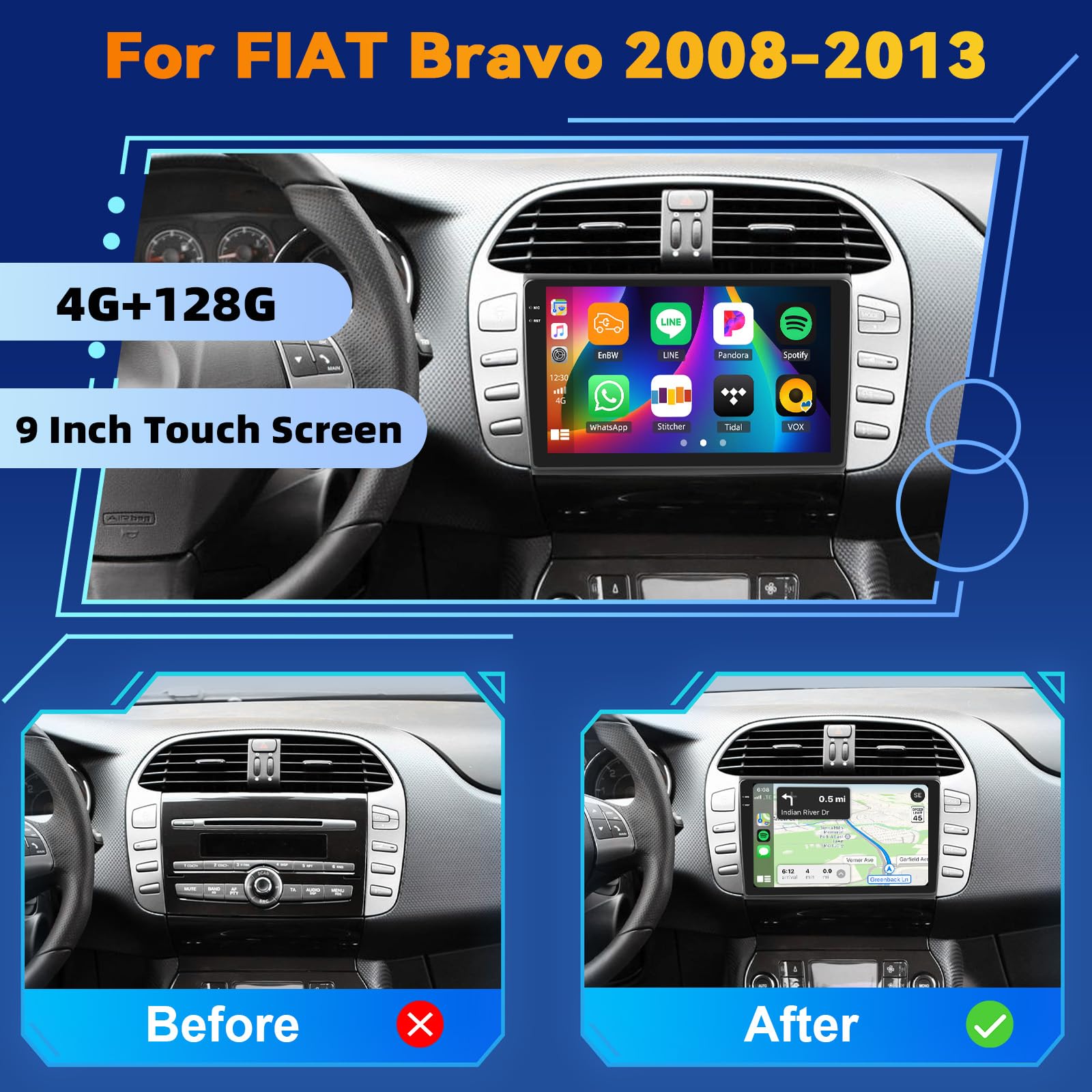 Android 15, 4G+128G CAMECHO Autoradio per FIAT Bravo 2008-2013 con Carplay Android Auto, 9 Pollici 2Din Stereo Auto Bluetooth con GPS WiFi FM/RDS EQ SWC Retrocamera&MIC, per FIAT Bravo 2008-2013