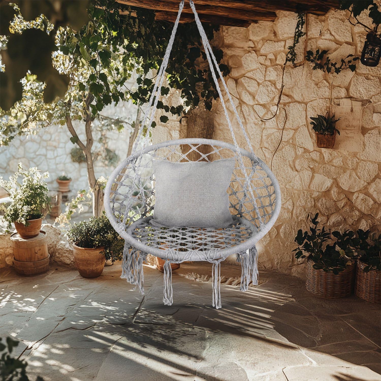 Fauteuil Suspendu 1 Personnes XXL avec Coussin, Single Chaise Suspendue Exterieur de jusqu'à 150 kg, Boho Chaise Hamac Suspendu Interieur, Fauteuil Balancoire Bohème, Ideal pour Jardin, Gris