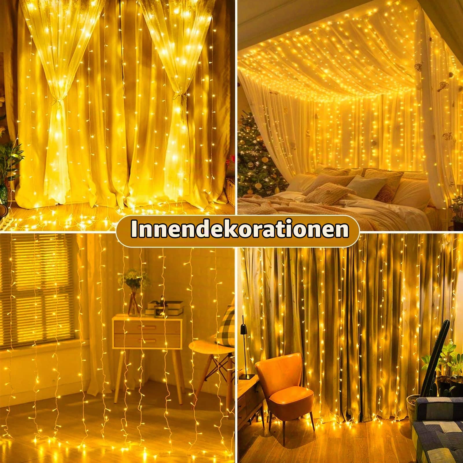 Joycome 2 Stück Lichtervorhang 3m x 3m 300 LED Lichterketten Vorhang | Stecker/8 Modi/Wasserdicht Lichterkette Wand für Zimmer Balkon Party Pavillon Decke Terrassen Hochzeitsdeko (Warmweiß)