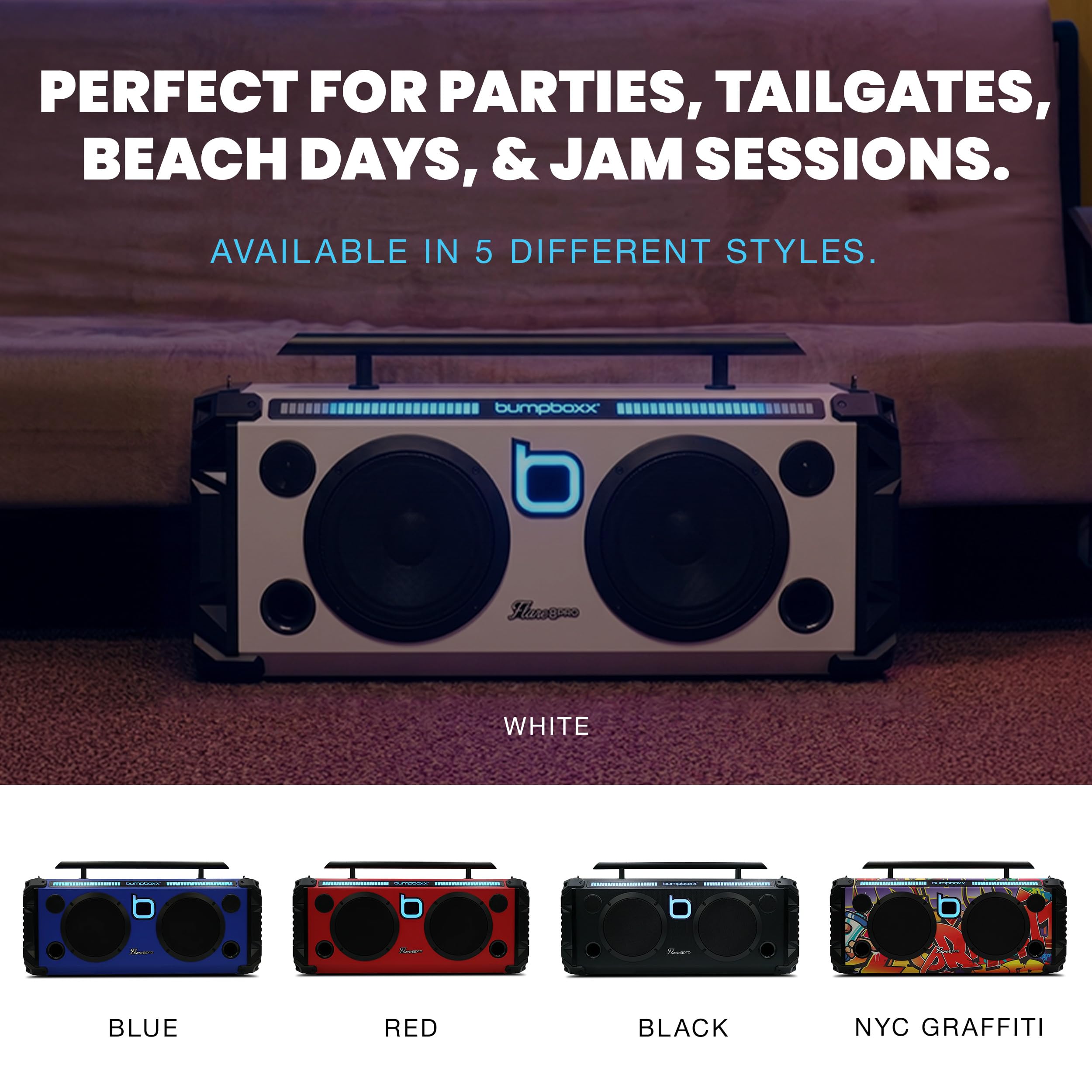 Bumpboxx Flare8 Pro Tragbare Bluetooth Boombox, Weiß, 2 kabellose Mikrofone | Wiederaufladbare Lithium-Akku-Boombox mit 2 kabellosen Mikrofonen, Tragegurt und Fernbedienung.