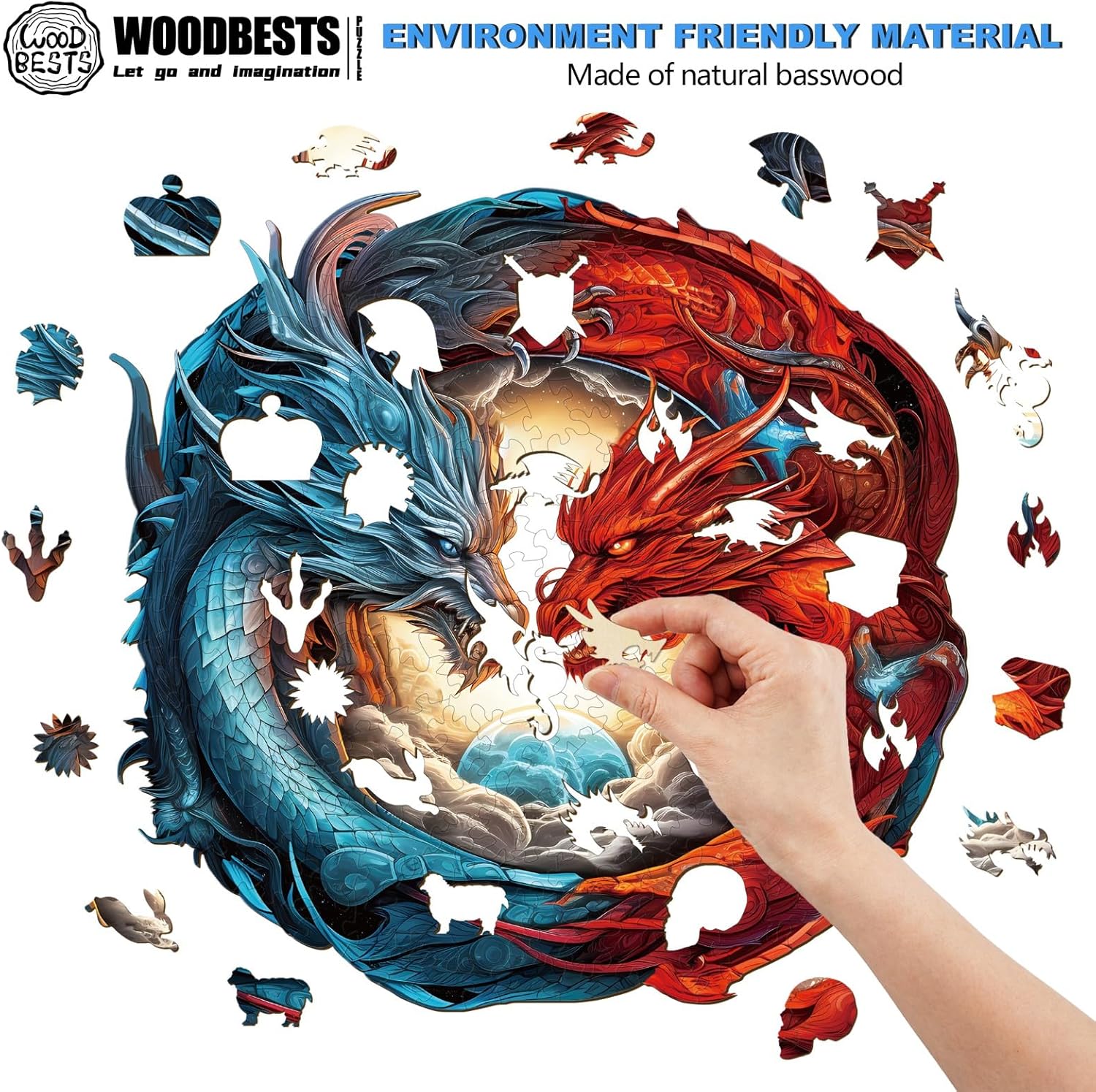 WOODBESTS Wooden Puzzle for Adults, Yin-Yang Dragon Puzzle (M, 200pcs, 11.3"x10.9") Beautiful Wooden Box, Wooden Jigsaw Puzzles Unique Shape, Birthday Gifts for Adults and Kids Family Game