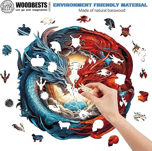 Miniatura 2 de WOODBESTS Rompecabezas de madera para adultos, rompecabezas de dragón Yin-Yang (L, 300 piezas, 12.9 x 12.4 pulgadas), hermosa caja de madera,
