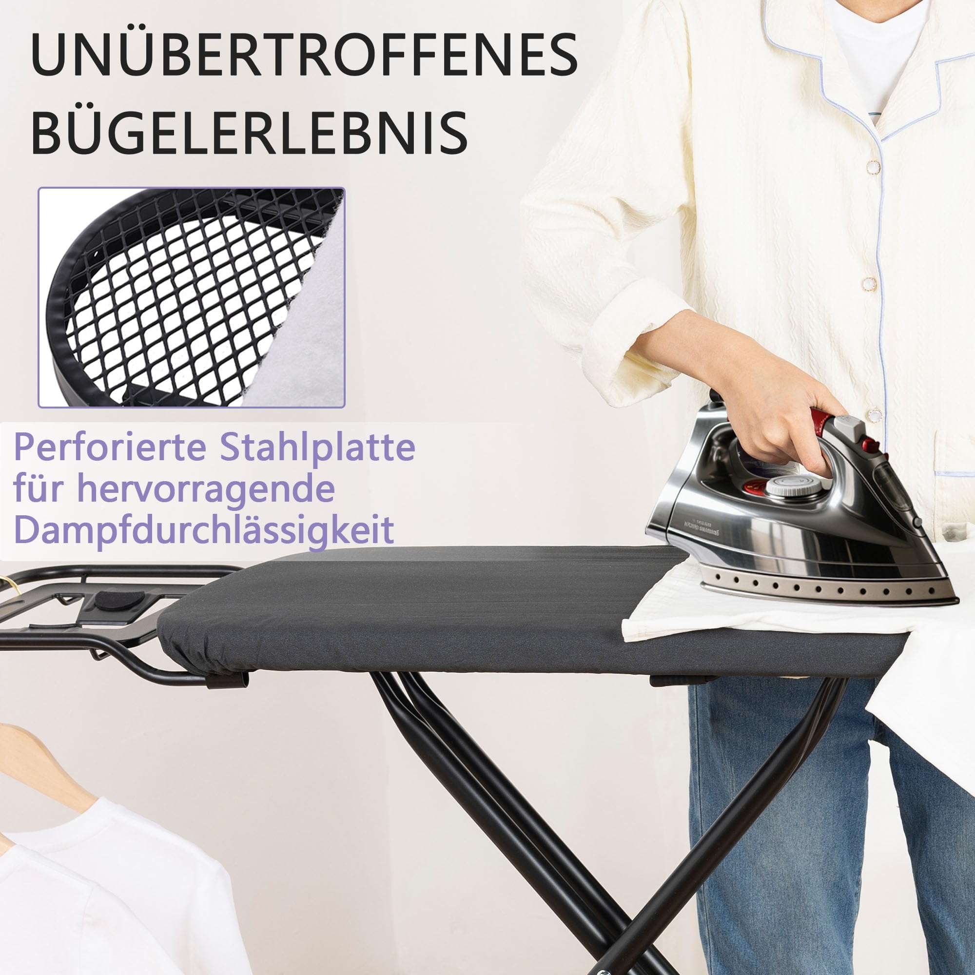 luxuriös Bügelbrett Aoufottes,Robustes Dampfbügelbrett mit Bügeleisenablage,mit rutschfesten Füßen,stabiles Gestell,Tischbügelbrett mit Verstellbarer Höhe,Ironing Board, Ironing area120x38cm Schwarz