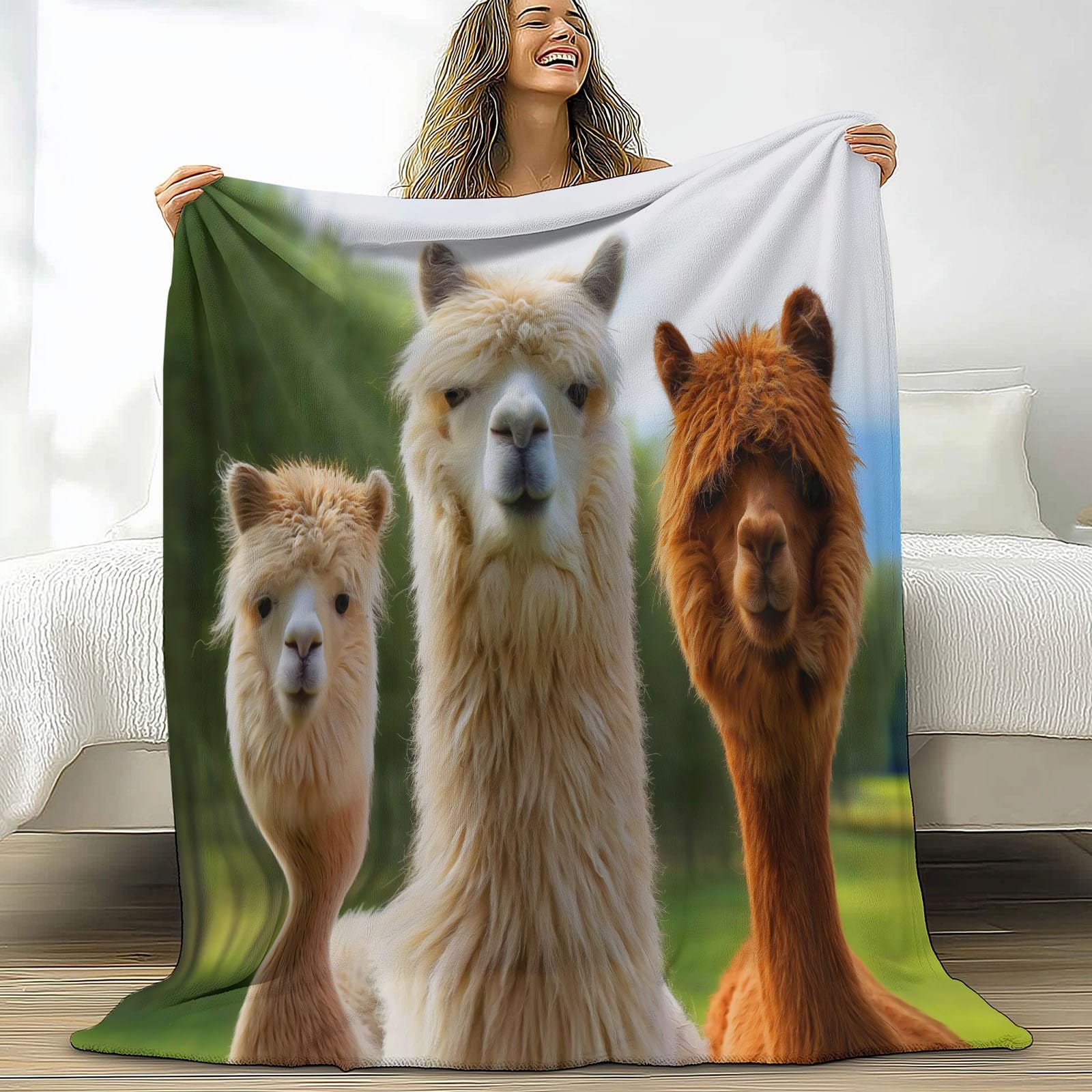 Couverture lit 2 personnes en flanelle 180x220 cm vert motif alpagas