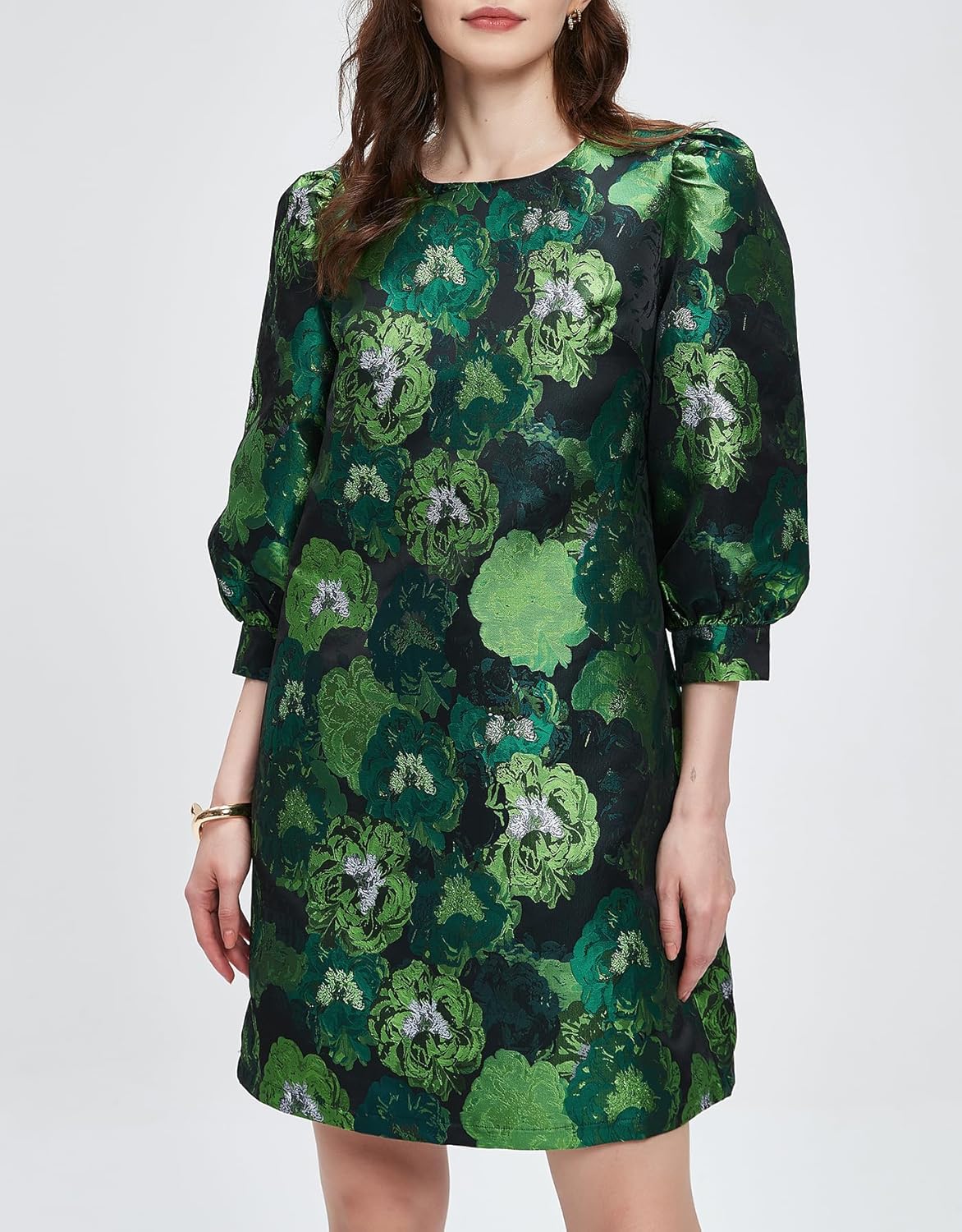 Kedera Women's Jacquard Dress Long Puff Sleeves Shift Mini Elegant Floral Dress Summer Business - Image 3