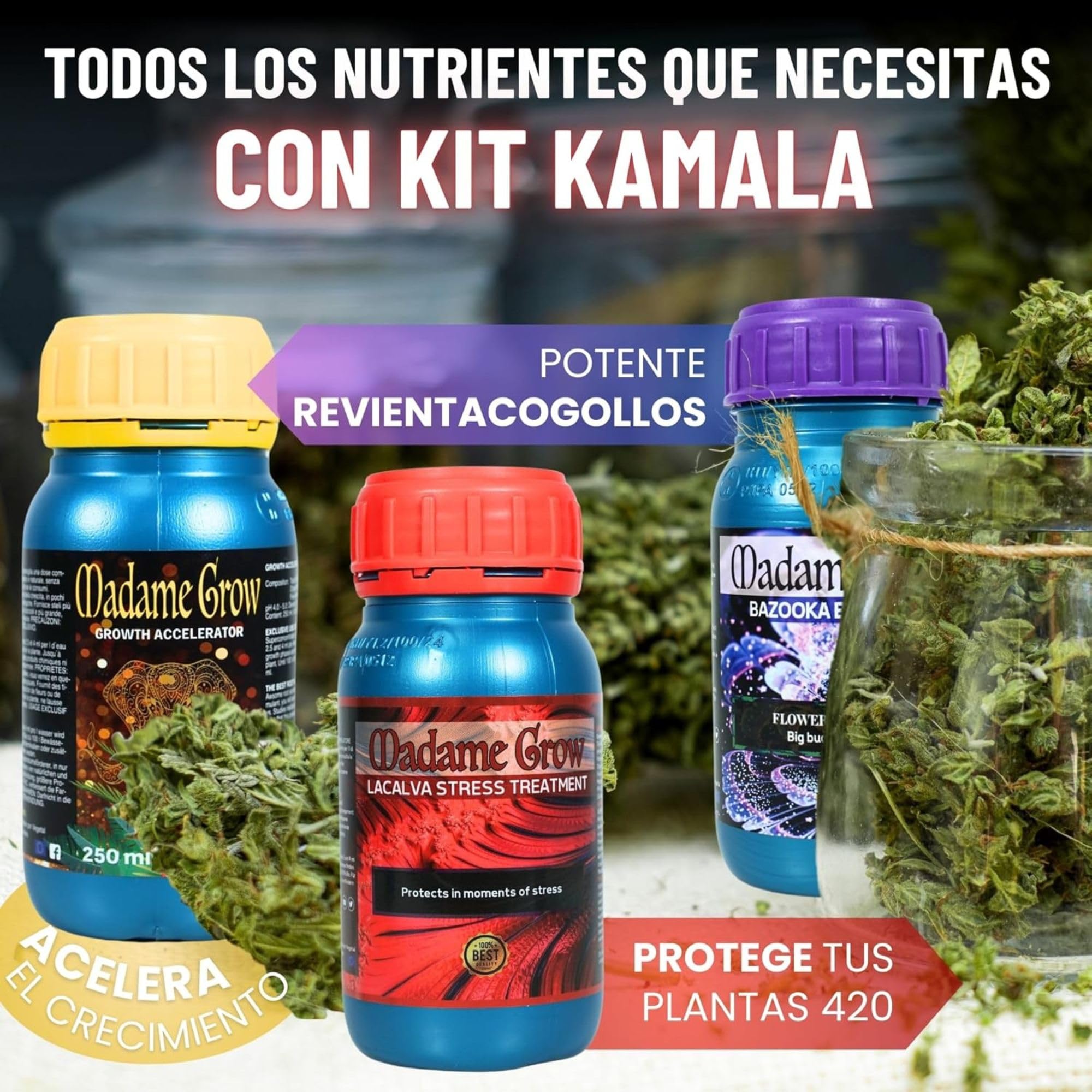 MADAME GROW Kit Kamala 3 x 1 Litro | Pack Fertilizantes Crecimiento Antiestrés y Engorde | Enraizante + Jabón Potásico + Engordador K30 | Pack 3 Abonos Orgánicos