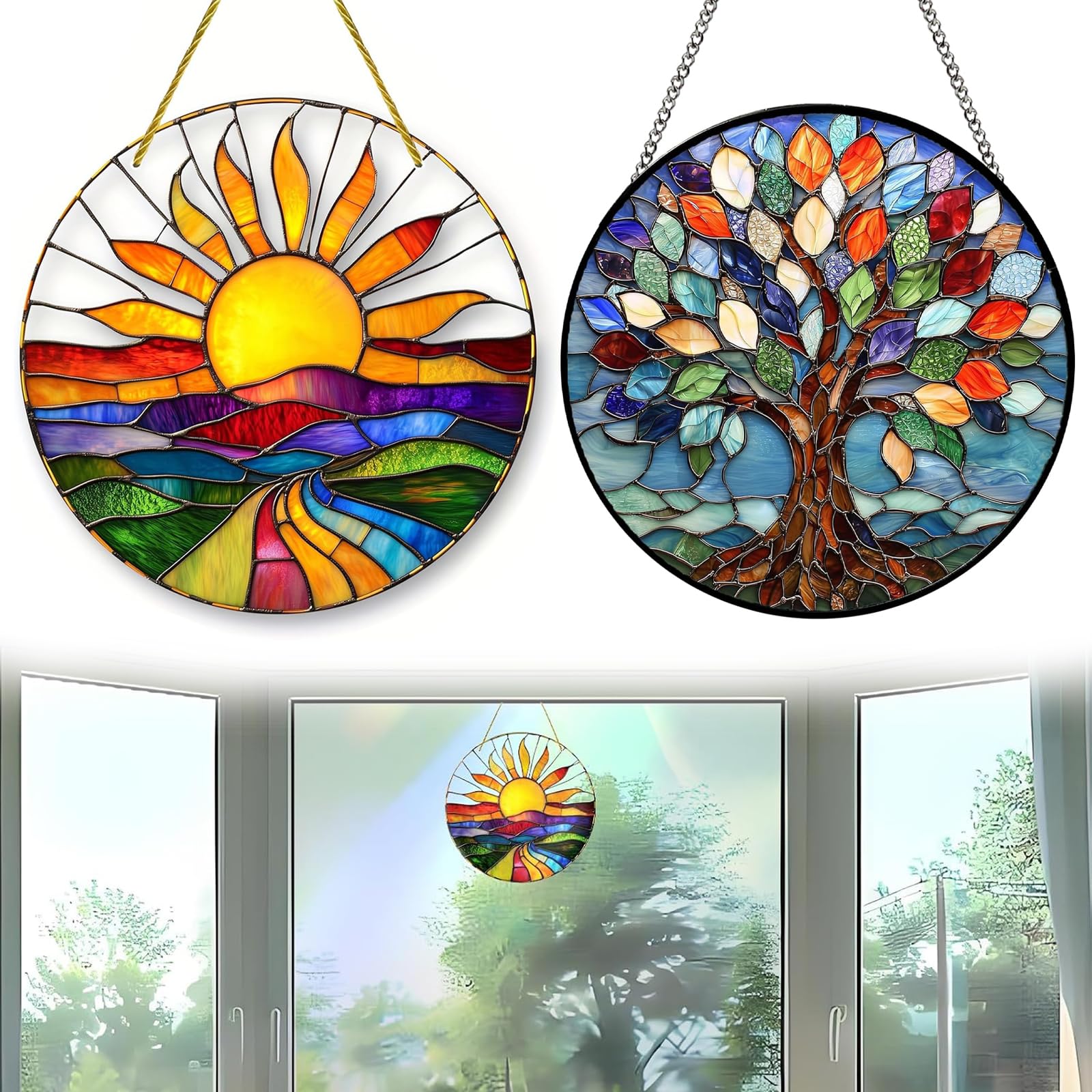 Sun Catchers for Windows, 2-Pack Colourful Tree and Sun Designs, Stained Glass Effect Window Hangings, 20x20 cm Garden and Home Decor Ornaments