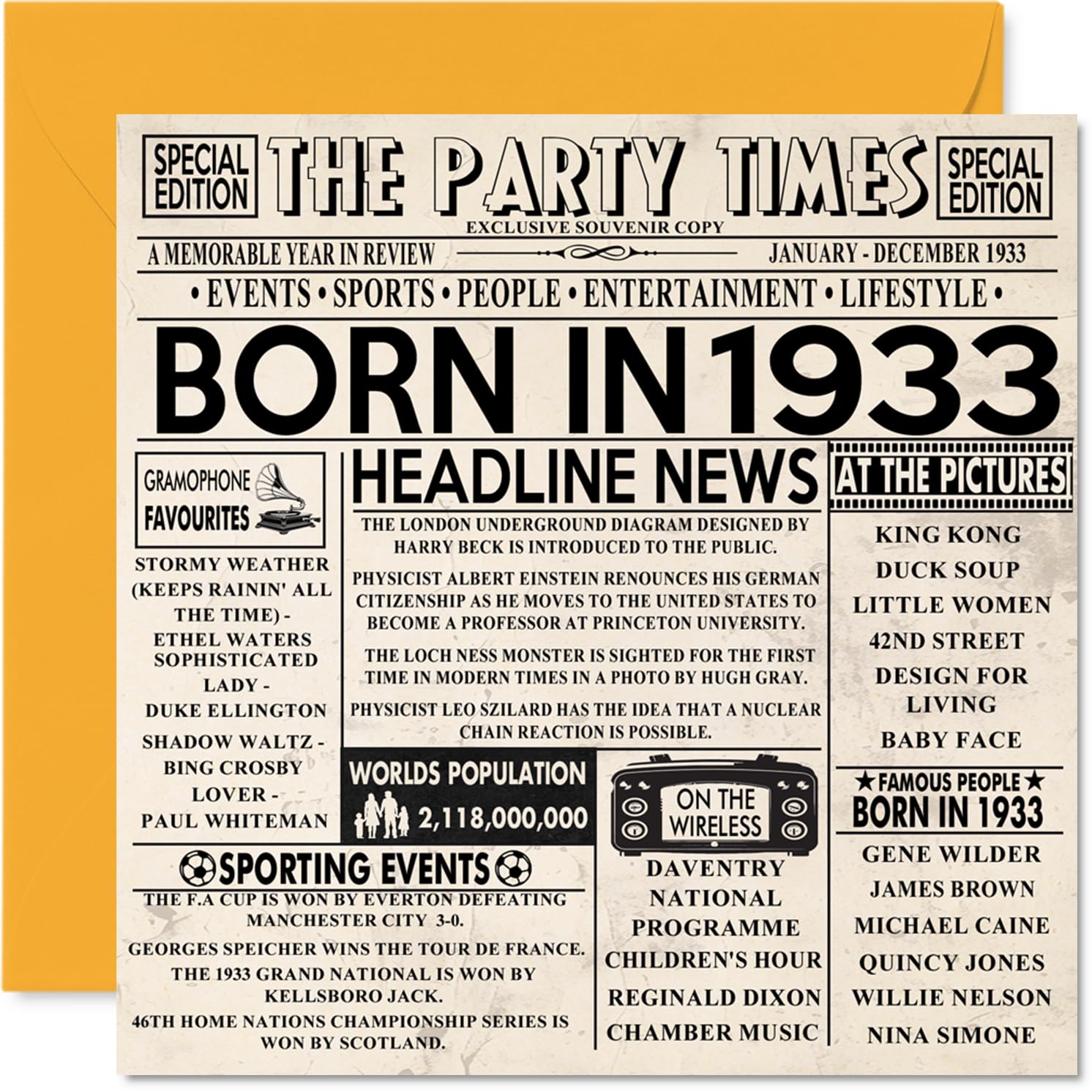 93rd Birthday Cards for Men Women - Born In 1933 Newspaper - Happy 93 Birthday Card for Grandad Grandma Nan Vintage Retro Back In 1933, 145mm Bday Greeting Cards