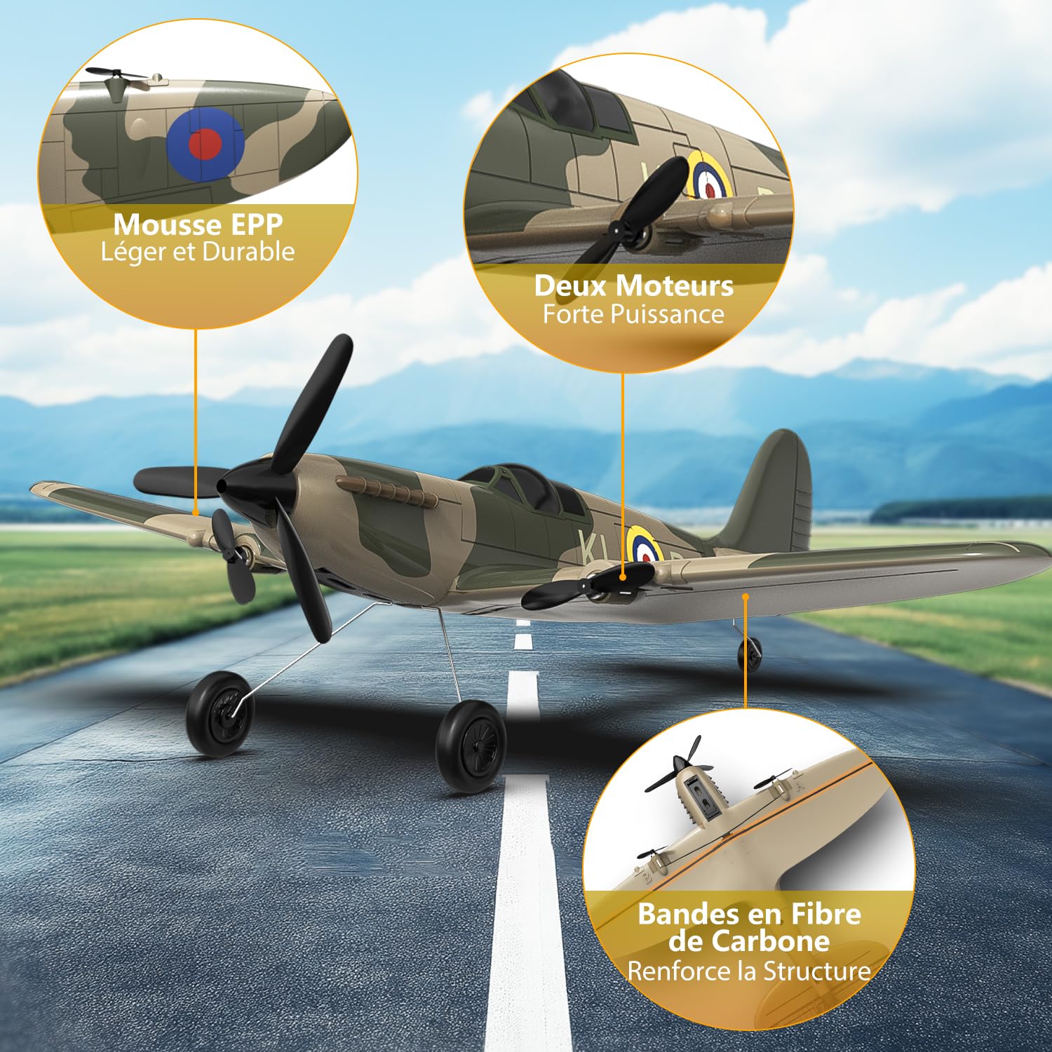 HAWK'S WORK Avion RC 3 Canaux Spitfire Fighter, Avion de Guerre Télécommandé Prêt à Voler, 2.4GHz 6-Axis Gyro Stabilizer