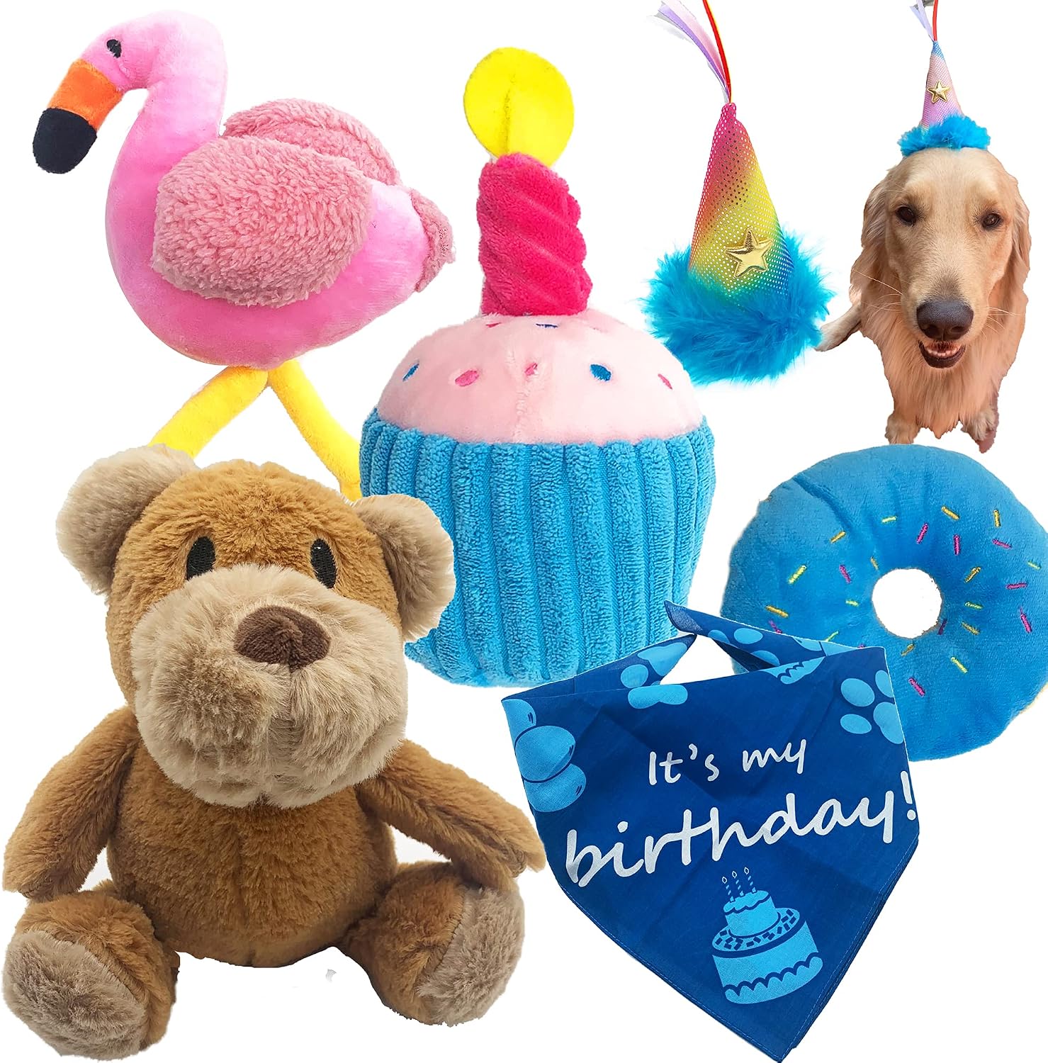 Jalousie Dog Squeaky Toys Dog Birthday Gift Set with Doggie Birthday Party Hat and Bandana Scarf Dog Plush Toys Dog Squeaky Toys Dog Chew Toys