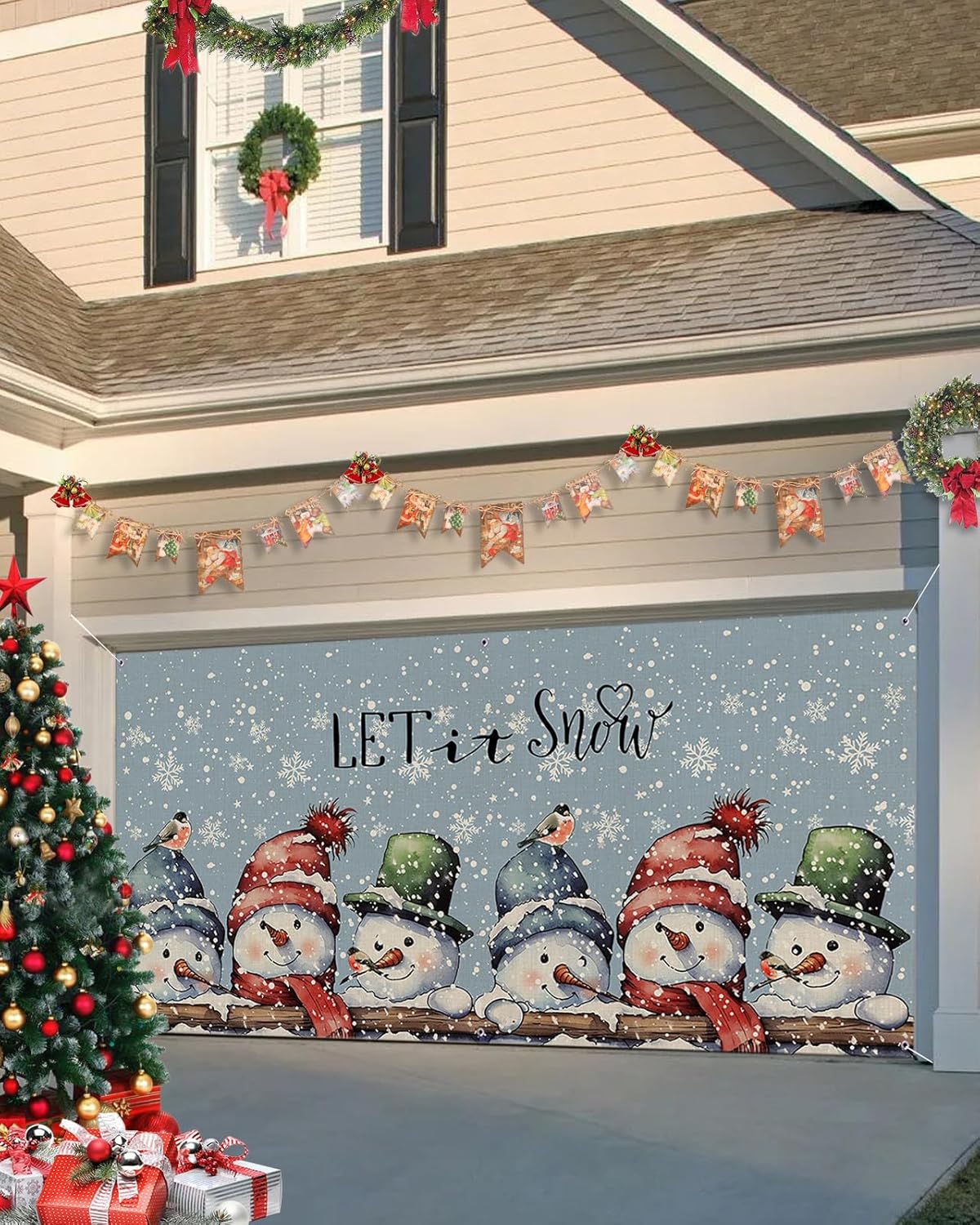 Christmas Garage Door Banner Cover 7 x 16 ft, Christmas Cute Snowman Blue Texture Christmas Garage Door Decorations Holiday Christmas Backdrop Decor for Winter New Year Xmas Party