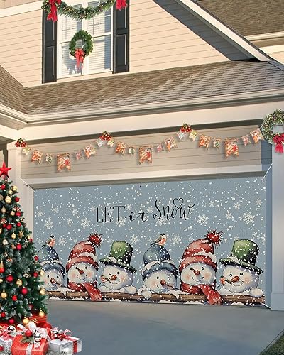 Pancarta de Navidad para puerta de garaje, 7 x 8 pies, textura azul de muñeco de nieve de Navidad, decoración de puerta de garaje, decoración de