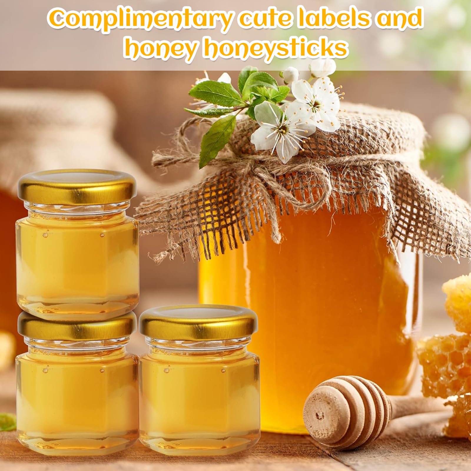 30 Pièces de Pots à Miel Verre, Mini Pots À Miel En Verre Hexagonaux de 45 ml avec couvercle à vis, couvercles dorés, pendentifs abeilles, sacs en gaze