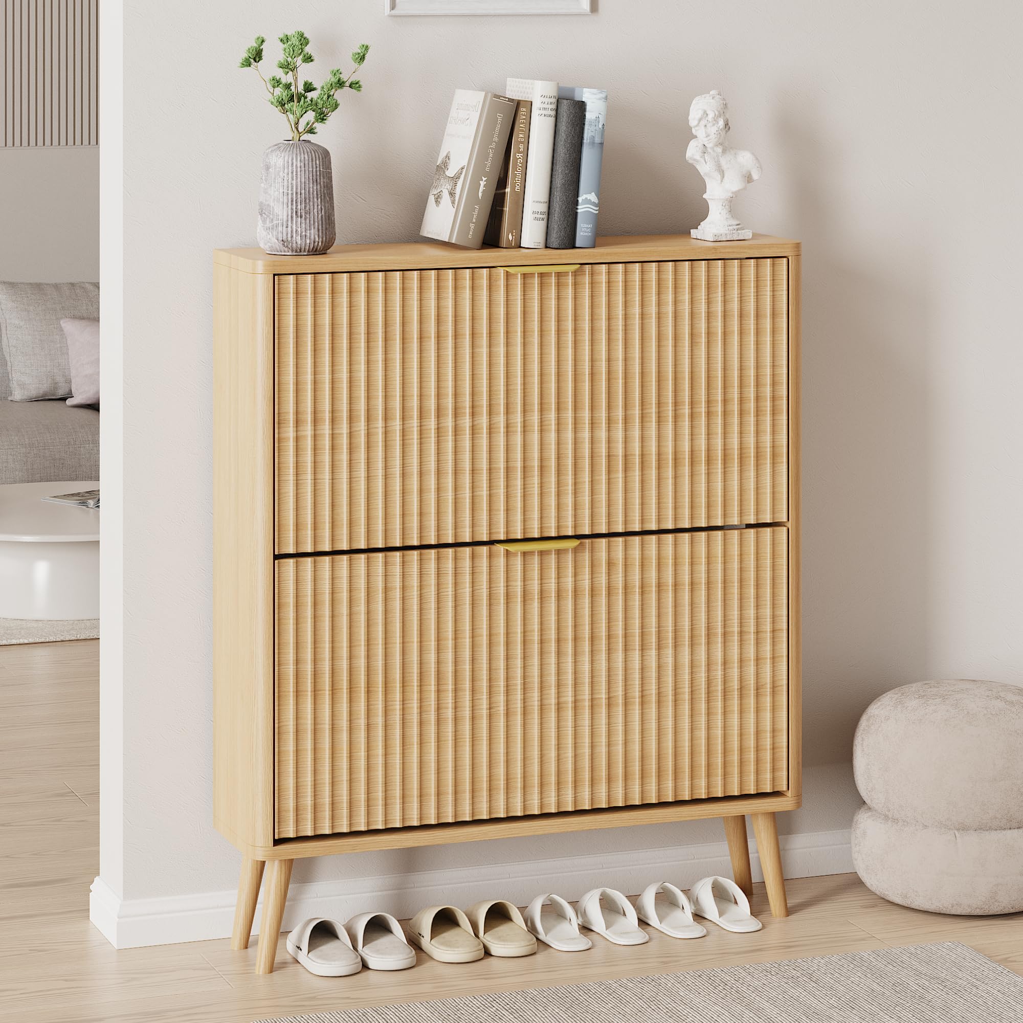 Schuhschrank, Schuhkipper mit 2 Klappen, Schuhregal Schmal, versteckte Schuhaufbewahrung, Schuhschrank Holz für Eingangsbereich, Flur (Natürliche Farbe)