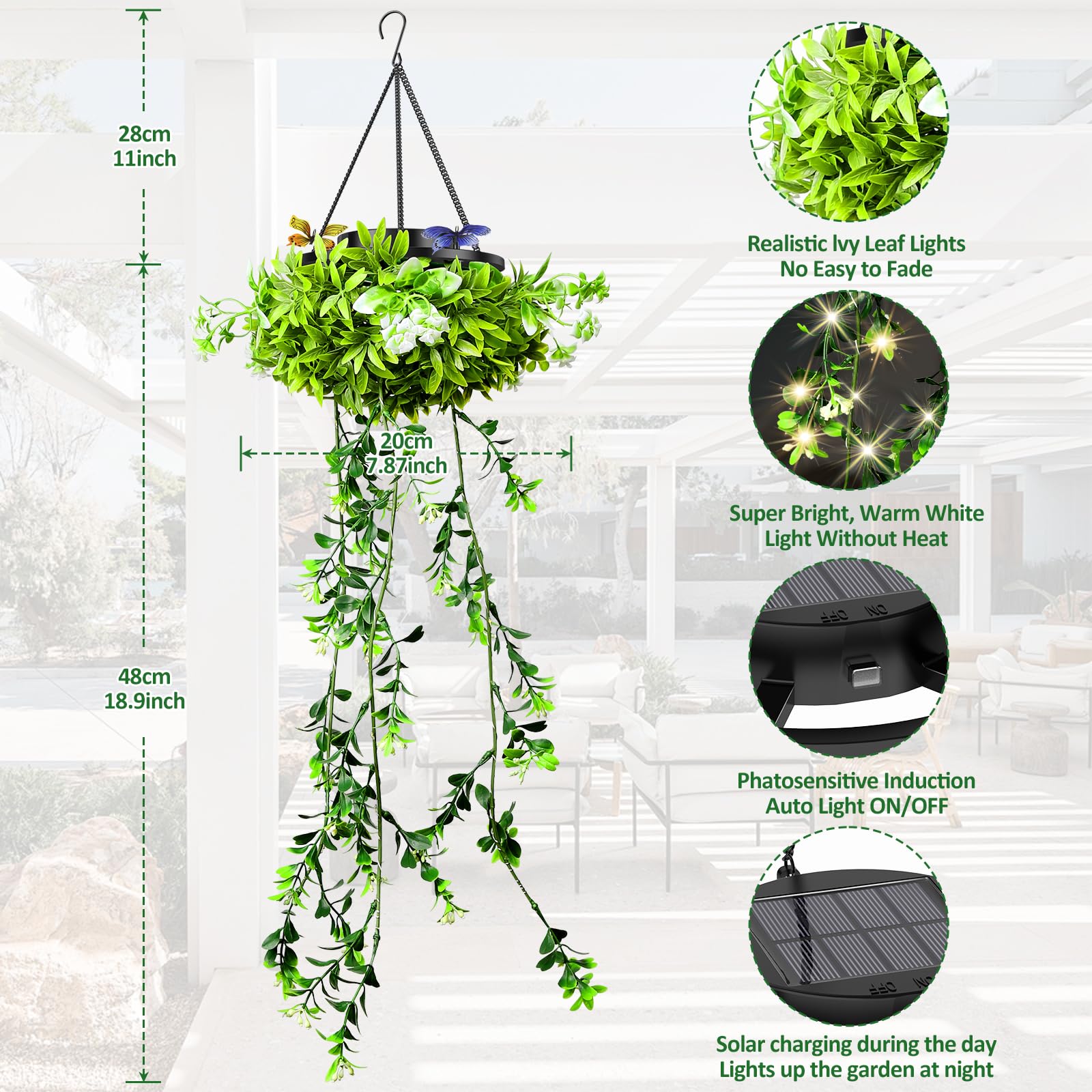 Plantas Artificiales Decorativas Luz Solar, Paquete de 2 Plantas Artificiales Colgantes Farolillos Solares Exteriores Estancos IP65 , Regalos para Mujer para Navidad, San Valentín, Bodas