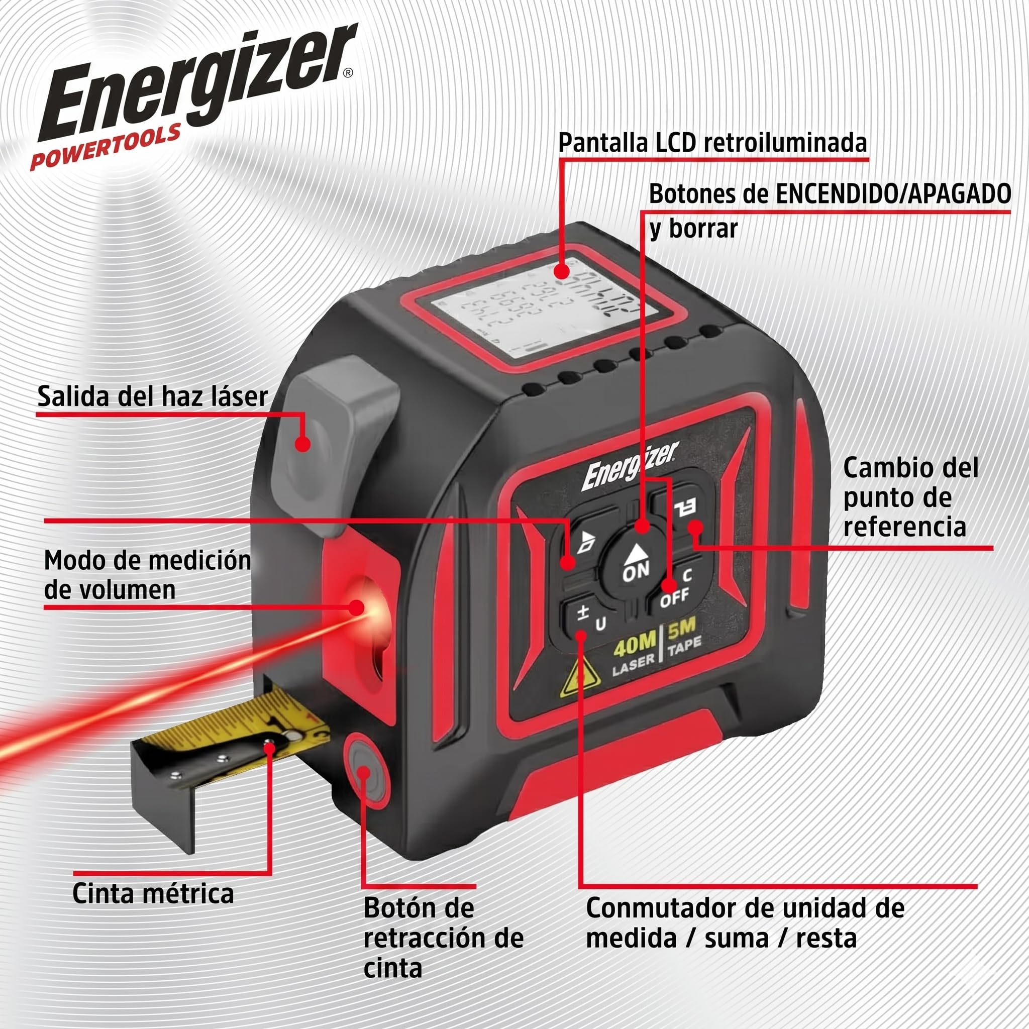 Energizer – Telémetro láser 2 en 1, medidor láser de 40 m y Cinta métrica de 5 m, Pantalla LCD, Recargable USB-C, medidor de Cinta láser Digital medidor de Volumen – batería de Larga duración