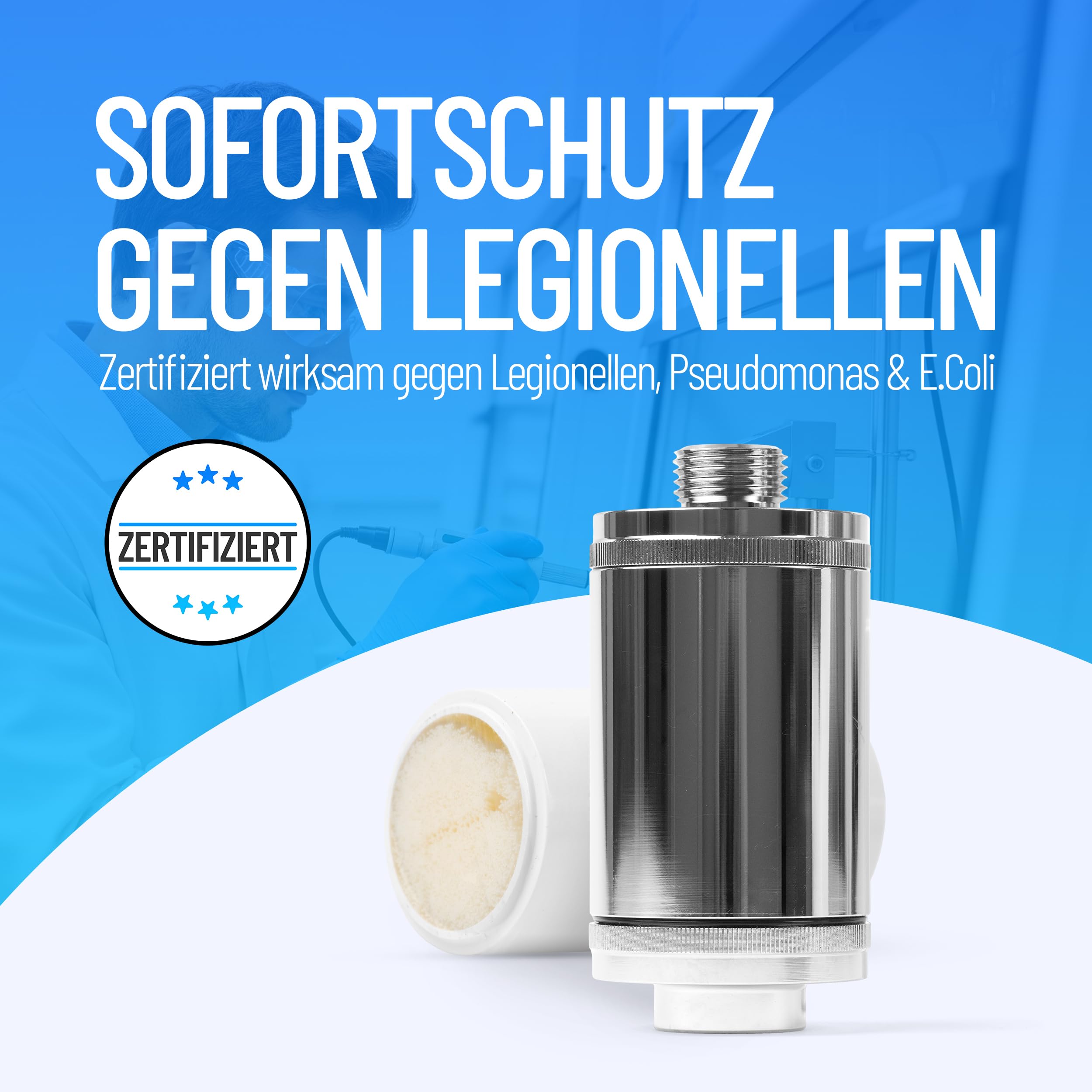 sanquell Legionellenfilter Dusche Badewanne Longlife | Zertifiziert | Komplettset | Filter austauschbar | Sofortschutz Wohnung, Hotel | formschön & diskret Chrom
