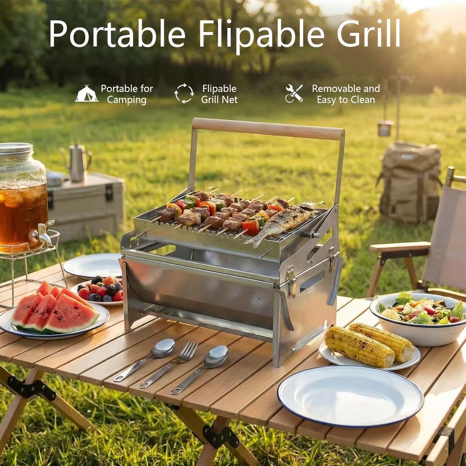 Barbecue Rotante Attrezzo rotante per grigliate da campeggio in acciaio | Fornello Barbecue Portatile In Acciaio Per Campeggio, Picnic, Barbecue Da Giardino, Spiaggia, Feste Di