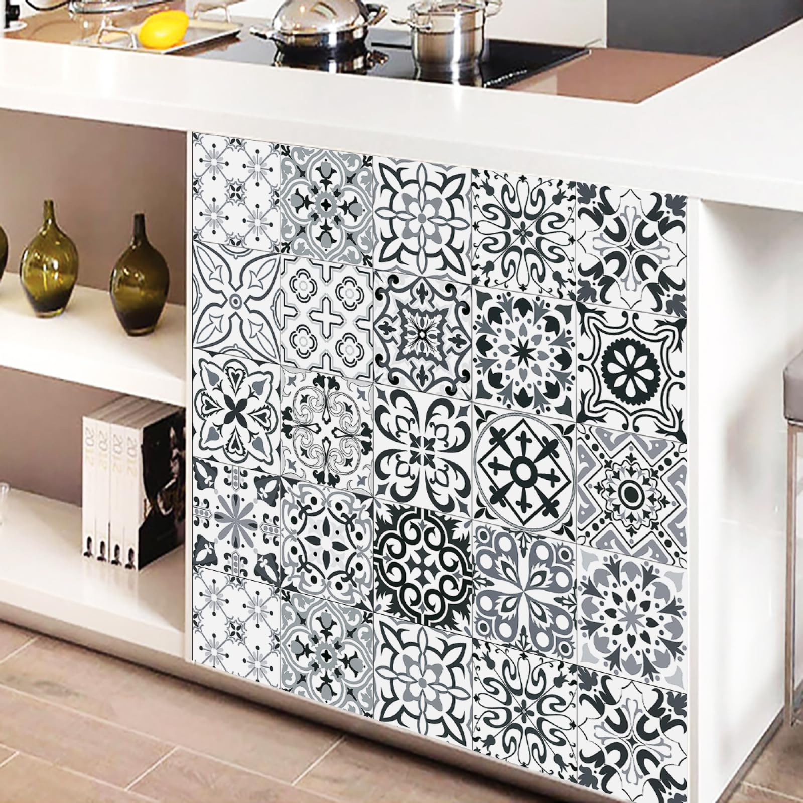 Peel and Stick Wall Tiles Black Grey Retro Tiles Self Adhesive PVC Home Decor Backsplash Kitchen Tile Stickers Waterproof Tile Stickers for Bathroom 20x20cm /20 Pcs