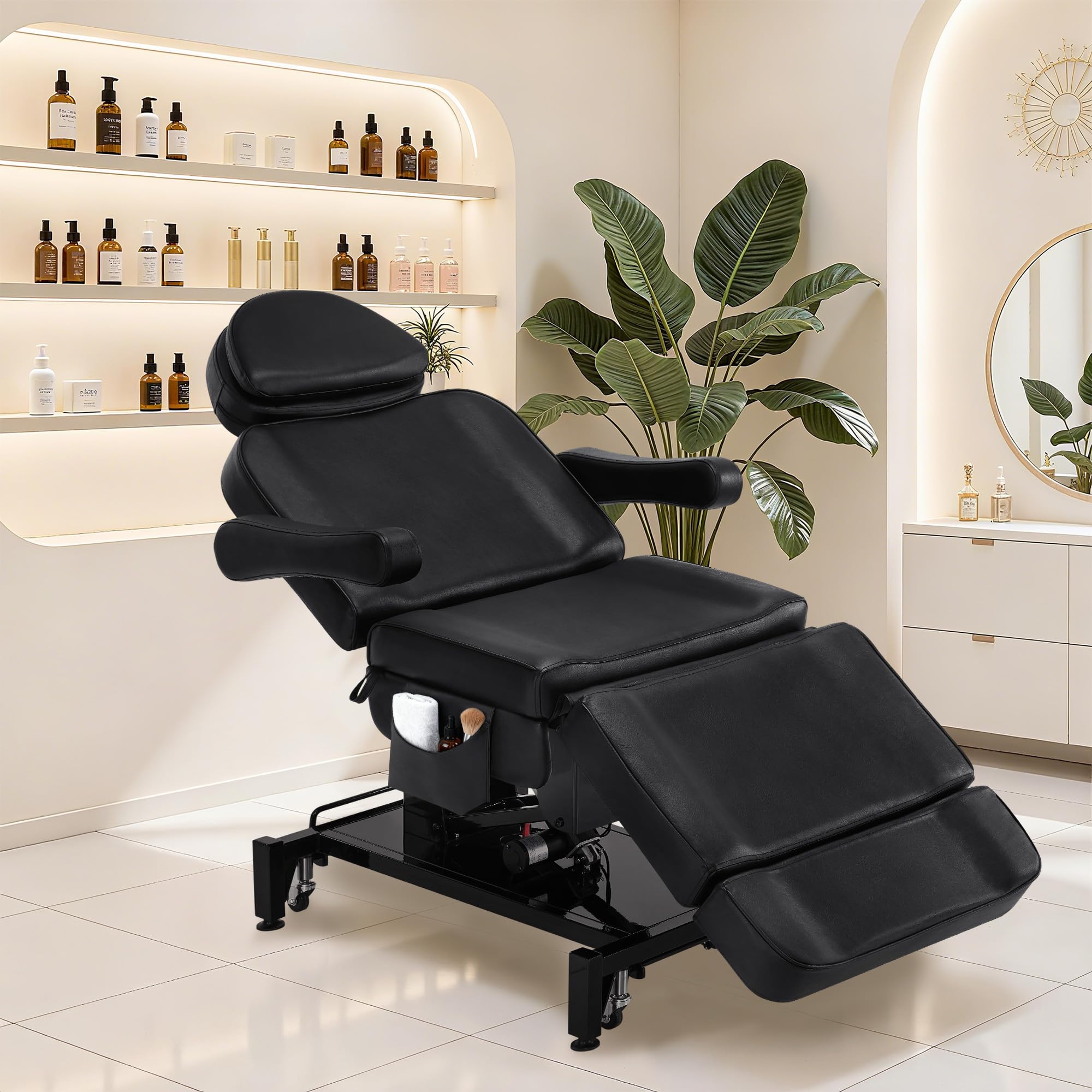BarberPub Camilla de estética eléctrica con 3 Motores, Plegable y Ajustable 18 cm, reposabrazos giratorios 180°, para SPA (Negro/Cuero sintético)