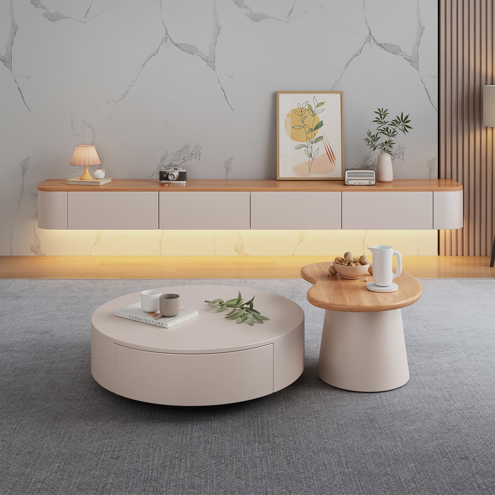 Mueble bajo moderno para TV colgante con iluminación LED, mueble para TV montado en la pared, de madera maciza, con cajones y estantes, consola multimedia para salón (Wood White+LED, 260 cm)