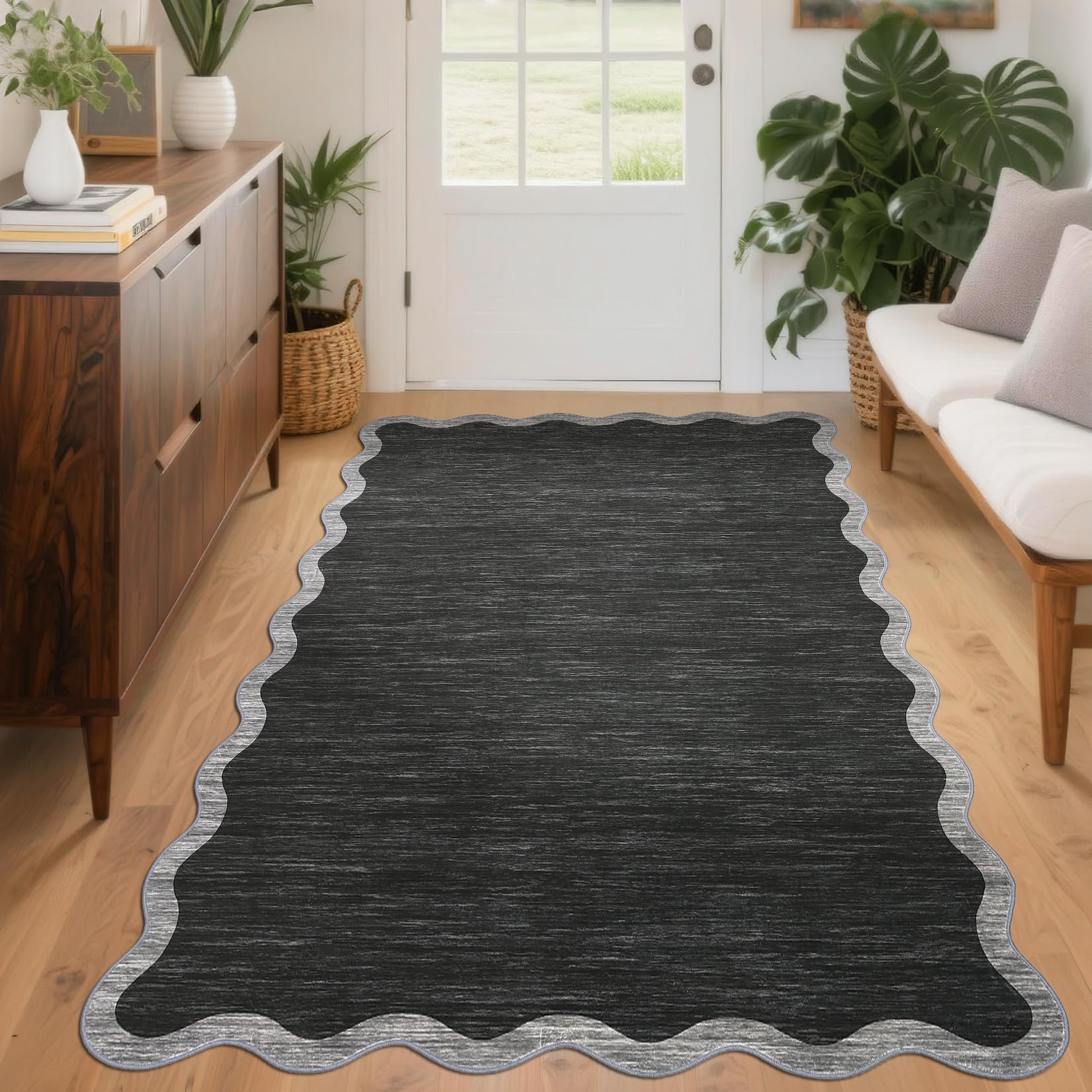 Small Bedroom Area Rug 80x150cm Area Rug for Living Room Nursery Non Slip Kitchen Throw Carpet Low Pile Modern Bordered Rugs Washable Bathroom Mat Soft Brown Rugs for Laundry Entryway, Dark Grey