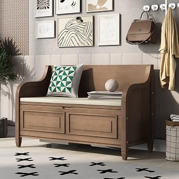 anwickjeff 42 Entryway Storage Bench, Rustic Style Solid Wood Entryway Multifunctional Storage Bench with Safety Hinge Brown