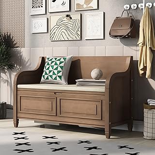P PURLOVE 42 Inch Rustic Style Storage Bench with Safety Hinge,Solid Woo...