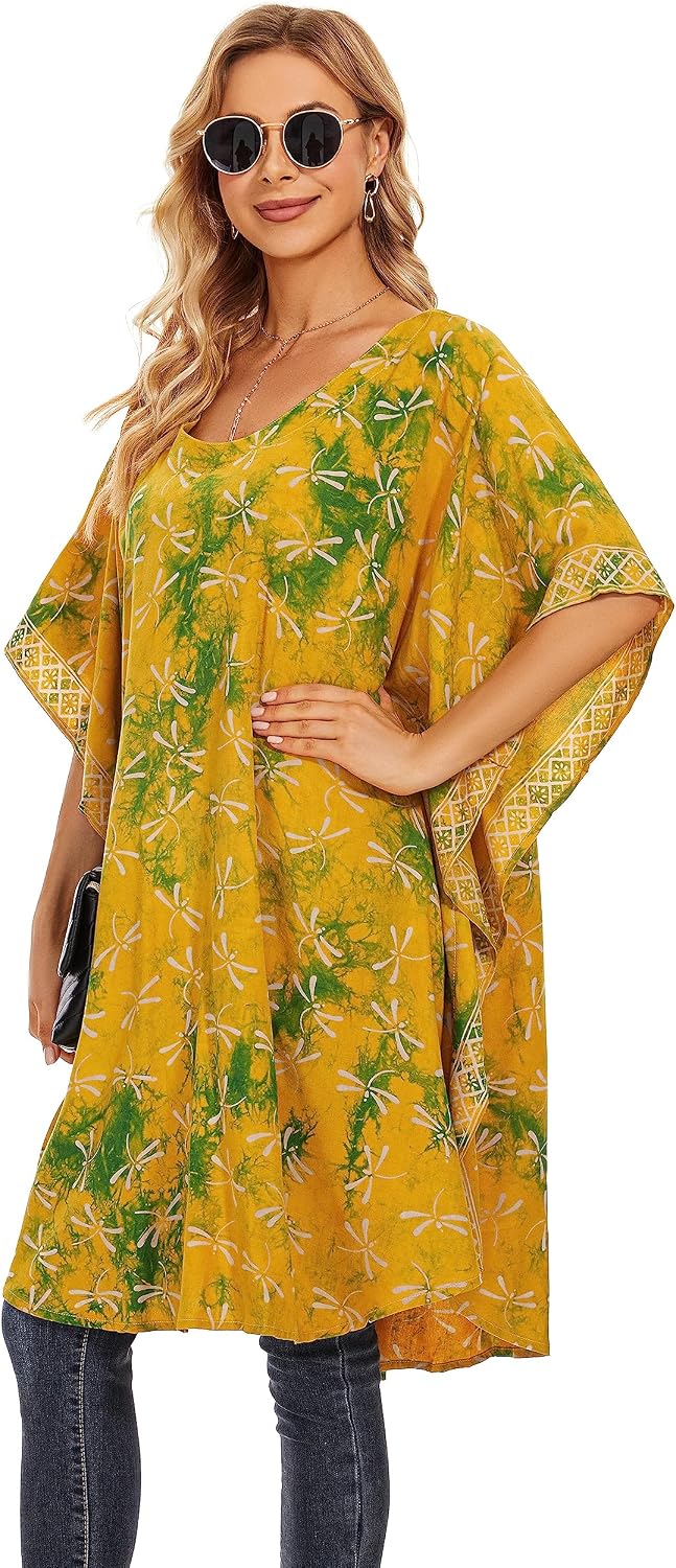 Beautybatik Women Boho Hippie Batik Caftan Kaftan Plus Size Short Sleeve Tunic Blouse Top Size XL to 4X