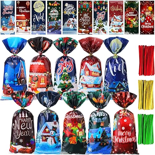 200 bolsas de dulces de celofán de Navidad a granel, bolsas de palomitas de maíz, bolsas de plástico de Papá Noel, sombrero de Navidad, muñeco de