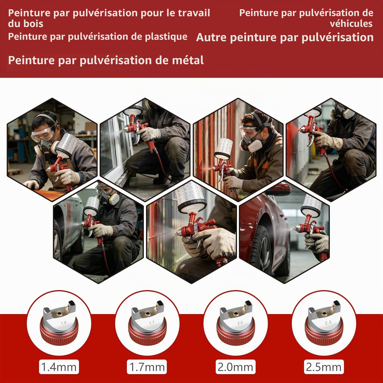 HVLP Pistolet de pulvérisation avec gobelet de mélange de 650 ml et 10 gobelets jetables, buses de 1,4/1,7/2,0/2,5 mm pour peinture domestique, voitures, meubles, clôtures, vernis et vernis de
