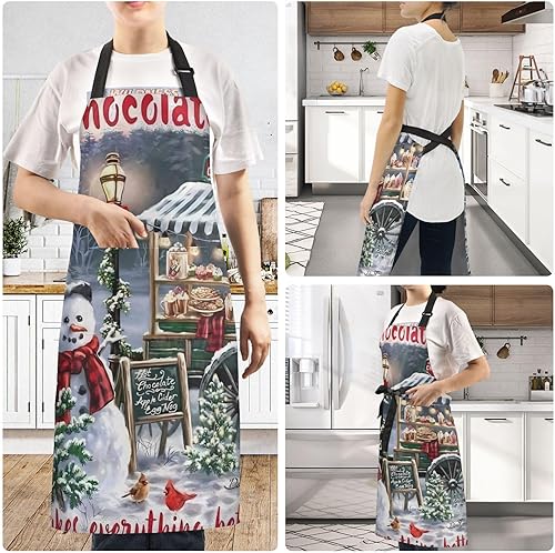 Miniatura 6 de JUNZAN Delantal de cocina de muñeco de nieve de chocolate caliente con bolsillos, delantales de jardinería ligeros, delantales artísticos para