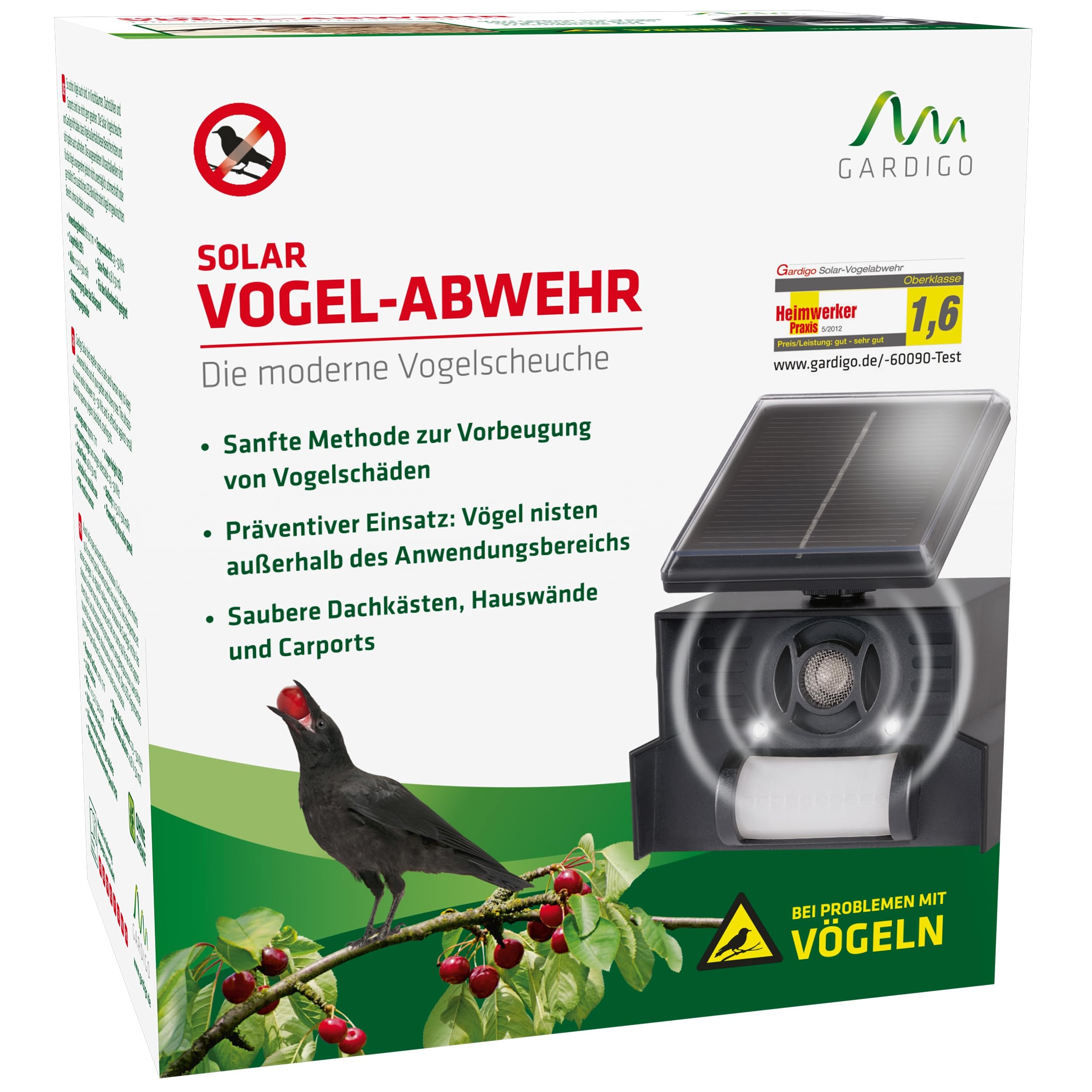 GARDIGO® Répulsif Solaire d'oiseaux à Ultrasons | Épouvantail Électronique avec Lumière Clignotante | 23-50 kHz | Portée de 110° et 7m | Effaroucheur pour Oiseaux et Pigeons pour Balcon et Jardin