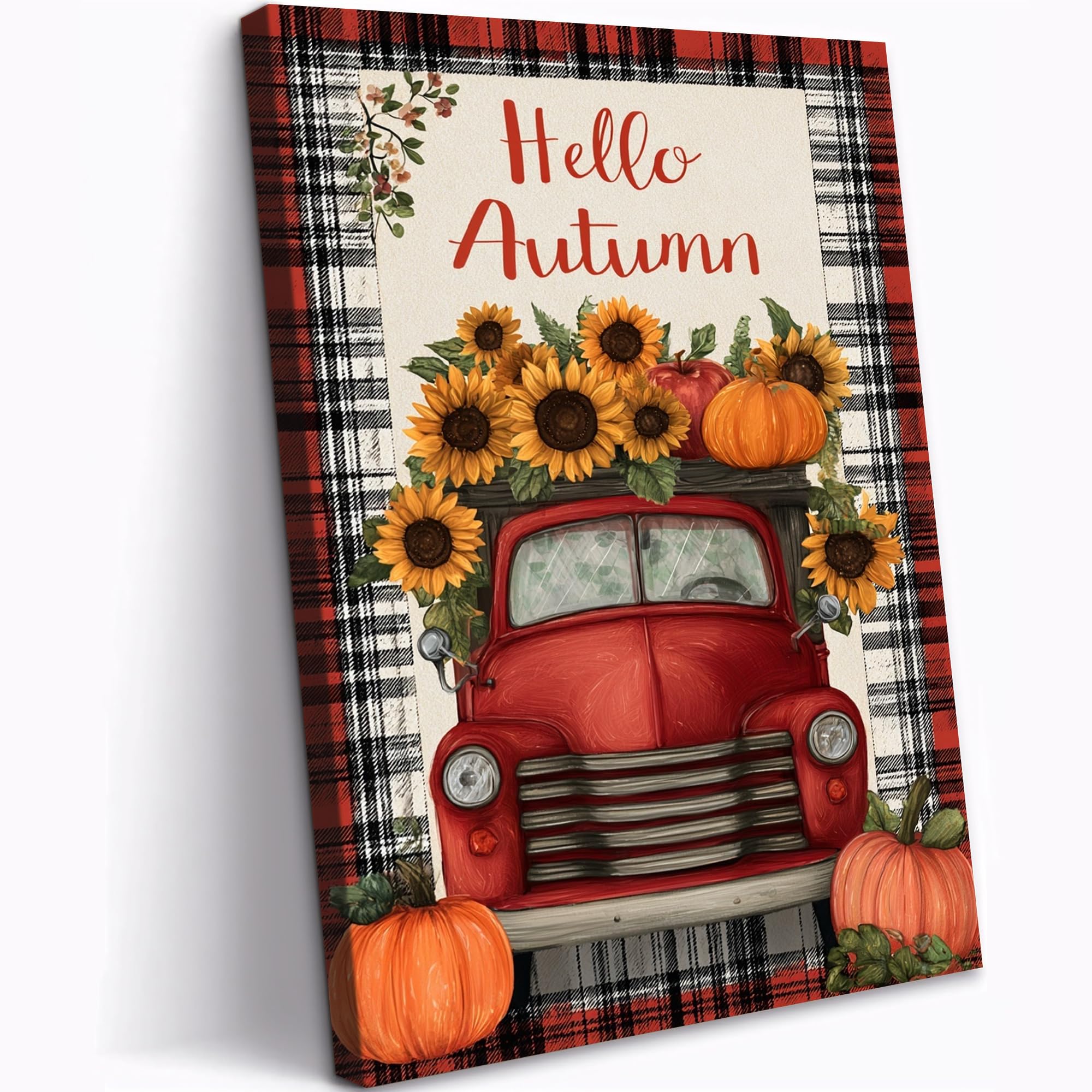 TIHUSAGO Rustic Fall Wall Canvas Art Hello Autumn Red Vintage Truck Sunflowers and Pumpkins Thanksgiving Harvest Prints for Farmhouse Home Decoration