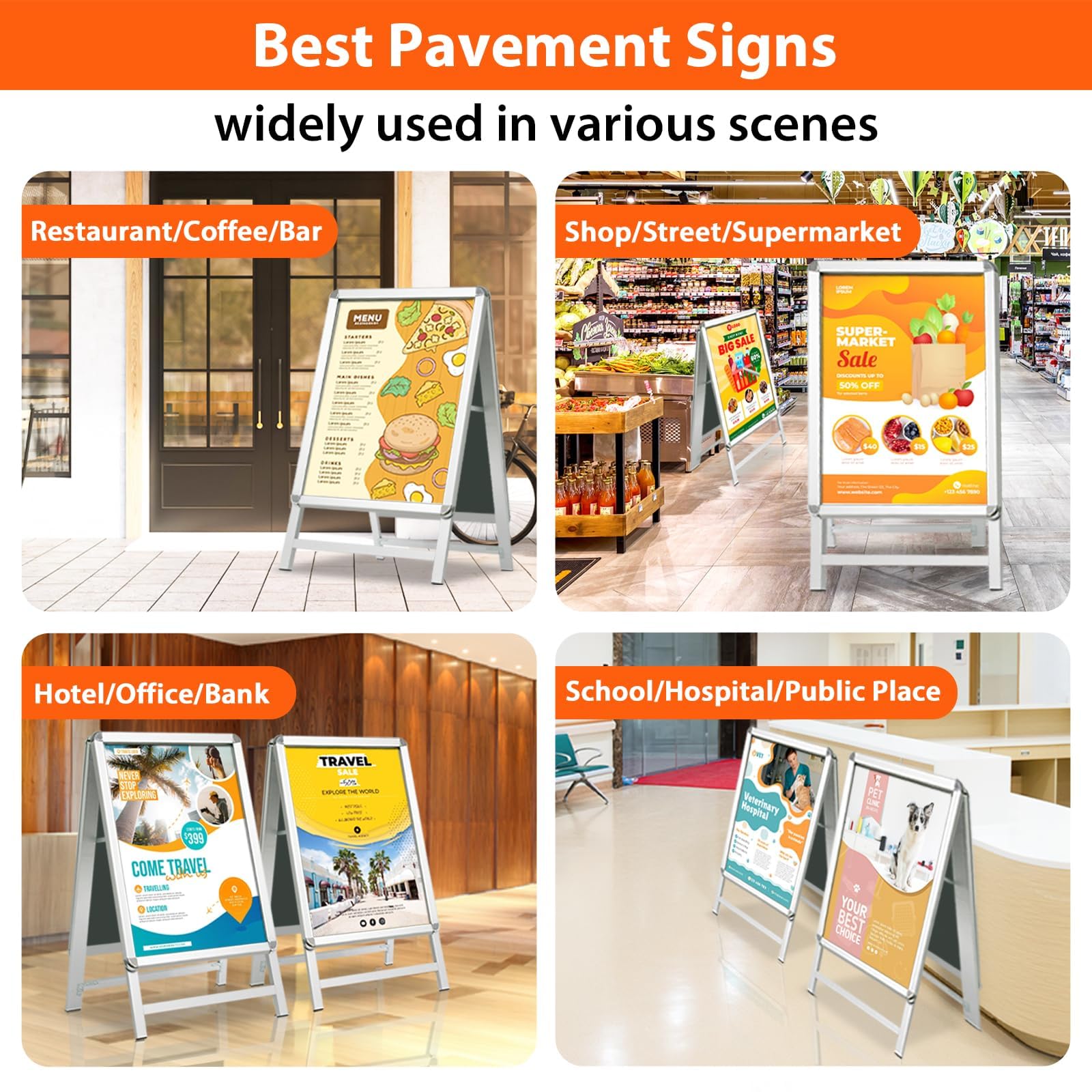 Letrero A2 A-Board Pavement, Caballete Publicitario Exterior, Tablero de póster de doble cara con marco de aluminio para soporte de exhibición, plateado