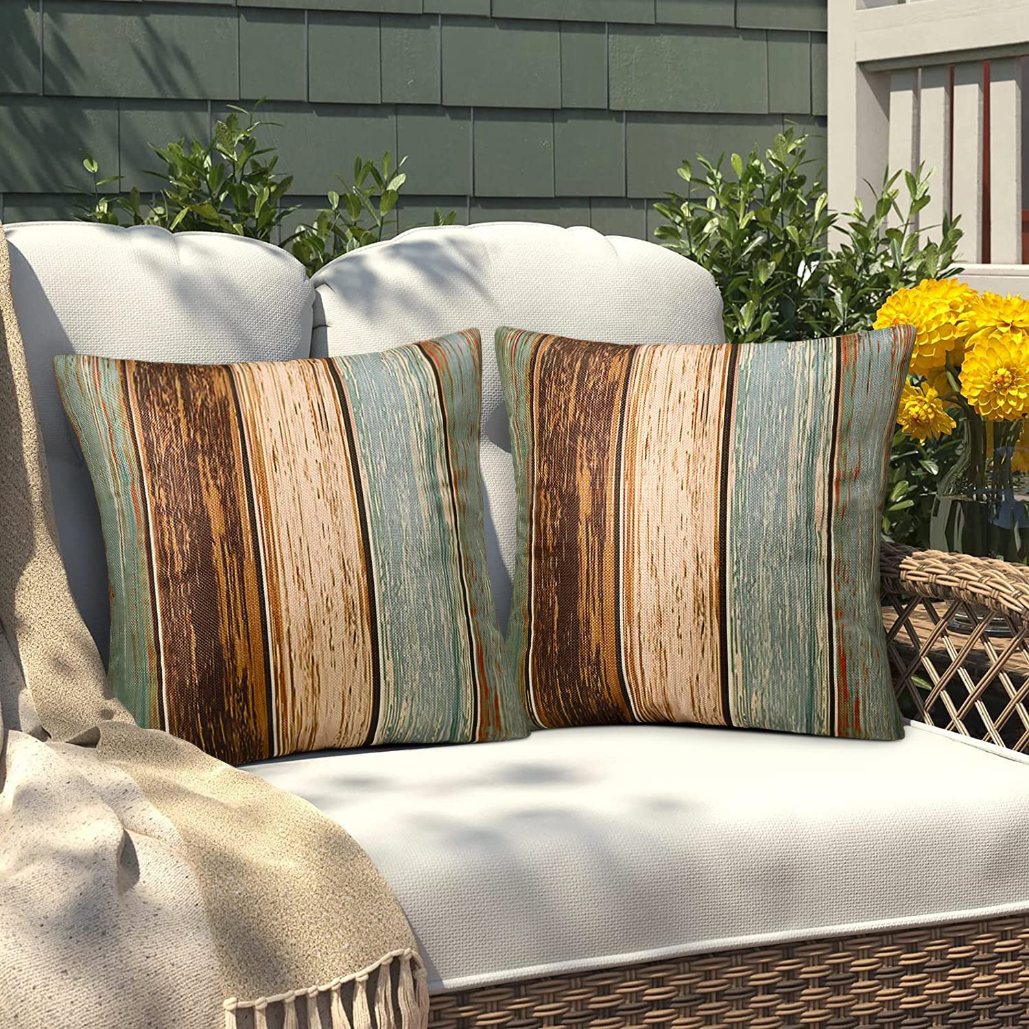 Inhobbok Green Cushion Cover 40 x 40 cm Set of 2 Outdoor Cushion Covers Turquoise Stripes Linen Look Sofa Cushion Decorative Couch Cushion Cover Waterproof for Sofa Balcony Patio Garden - Image 3