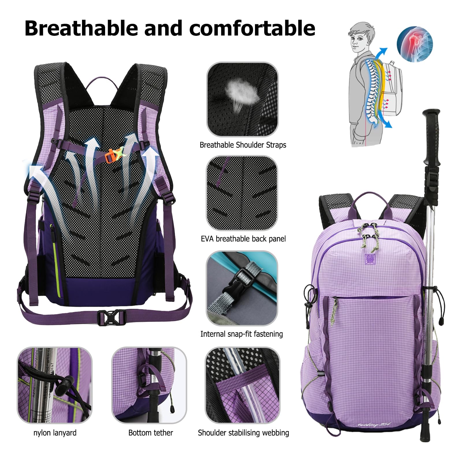 20L Zaino da Trekking Zaino Impermeabile Hiking Backpack Nylon Zaini per Donna Uomo Ciclismo Arrampicata Sport Nero